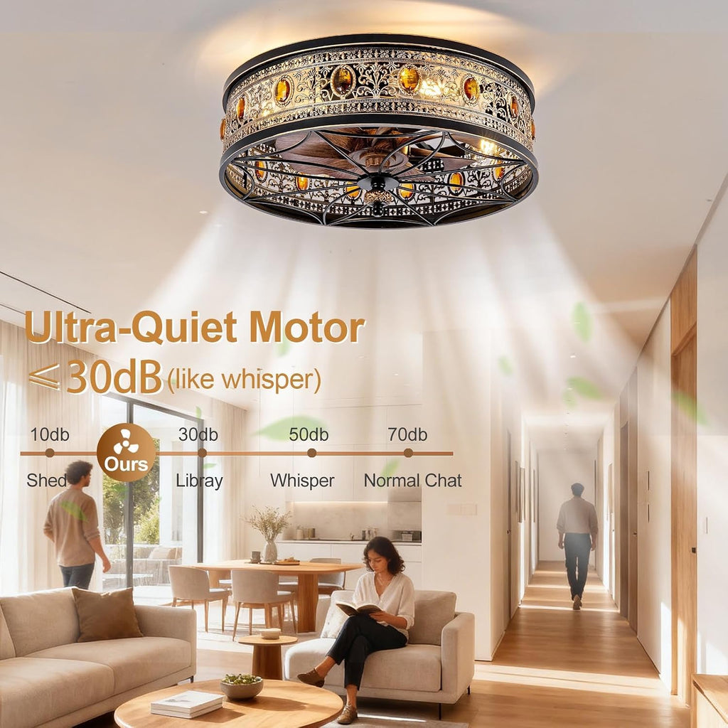 Caged Ceiling Fan with Light, Vintage Victorian Rustic Crystal Fandelier, Low Profile Flush Mount, Small Enclosed Bladeless Ceiling Fan for Bedroom, Kitchen, Living Room, Dining Room
