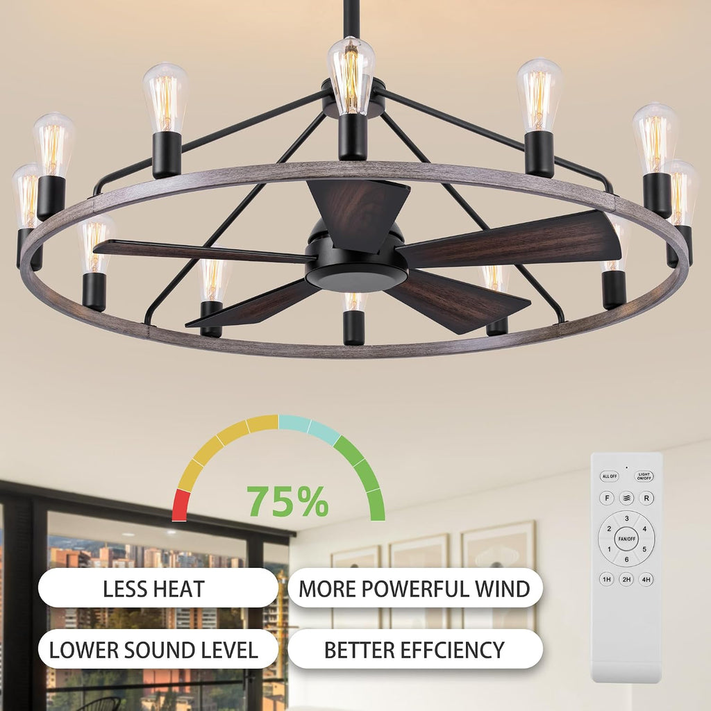 She's home 43' Wood Color Wagon Wheel Chandelier with Fan, 12-Lights Large Round Candle Farmhouse Fandelier Ceiling Fan with Light Fixture for Living Room, Height Adjustable