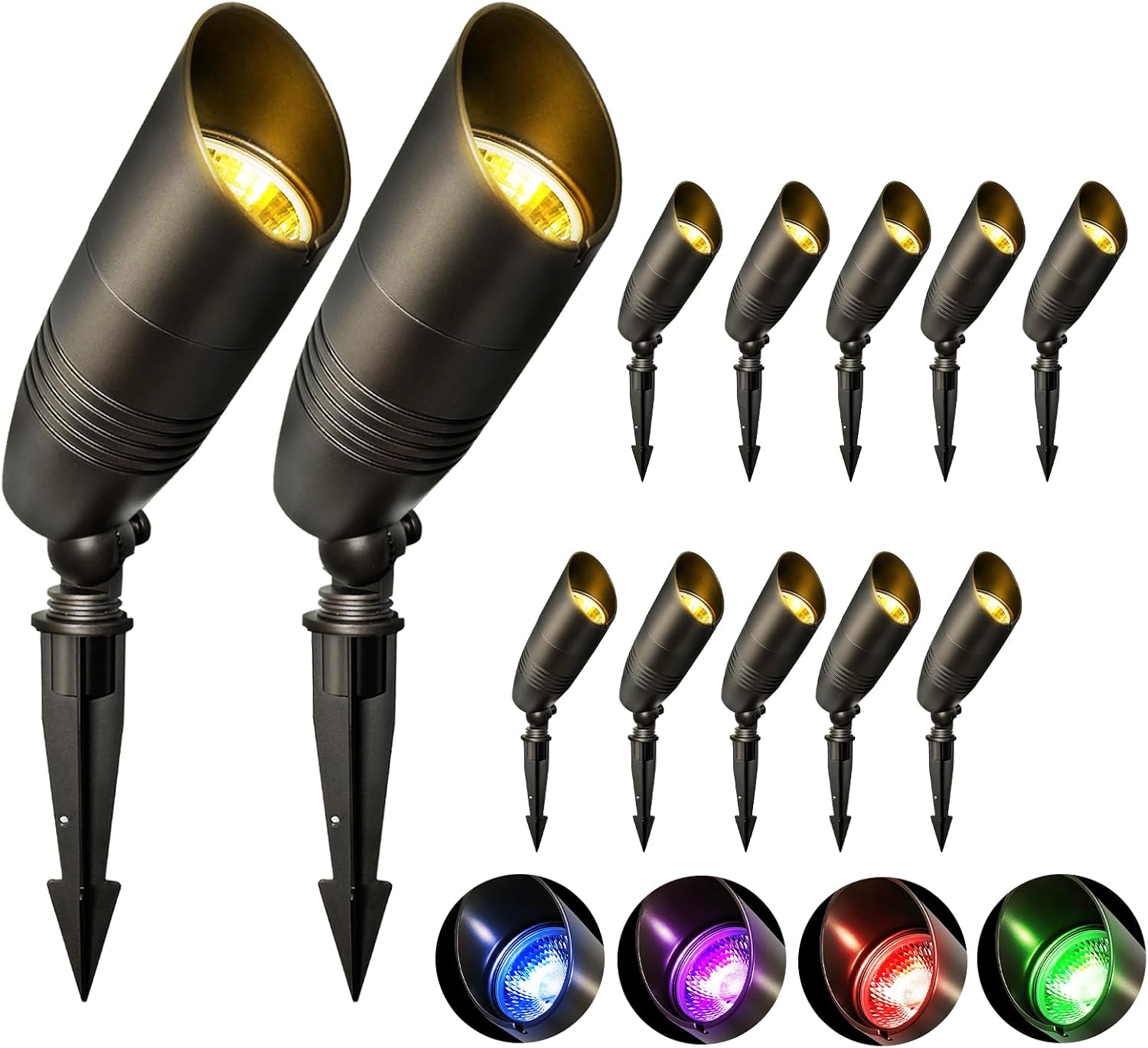 12-Pack Low Voltage Landscape Lighting With RGB+CCT Color Changing, 5W, 12-24V AC/DC, IP65 Waterproof, CRI 90+, Landscape Spot Lights Outdoor for Garden and Yard Uplighting, Bronze, ETL Listed