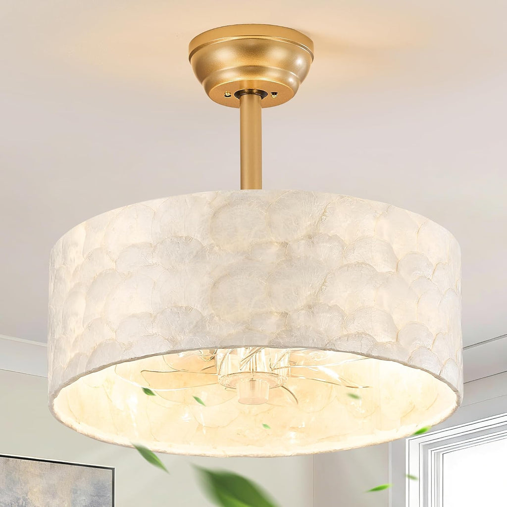 Boho Chandelier Ceiling Fan, Capiz Shell Fandelier Ceiling Fan with Light and Remote Control, Coastal Caged Ceiling Fan for Bedroom,Living Room,Nursery,Foyer(6 Speed, Timing,Adjustable Height)