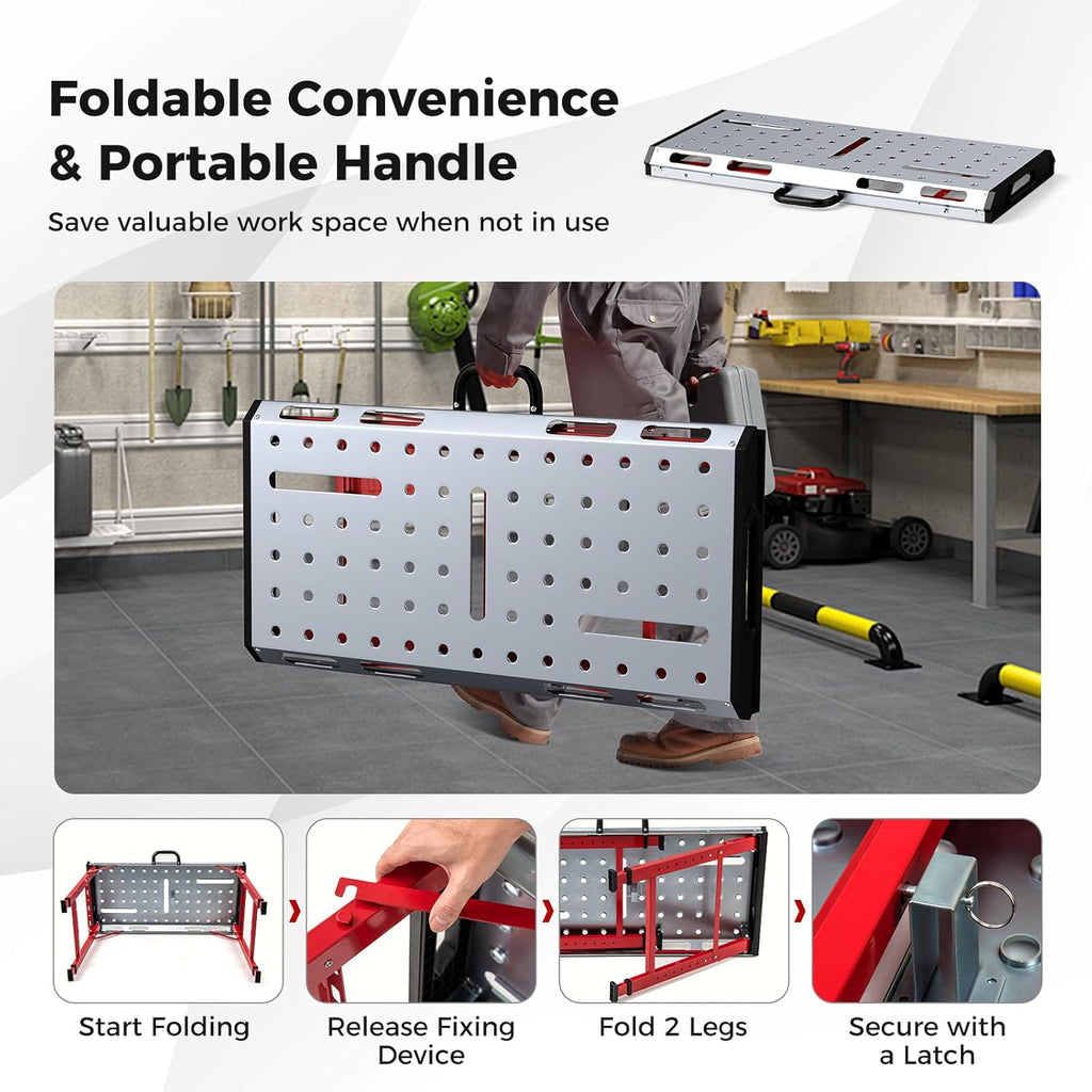 Goplus Portable Welding Table, 42' x 21' Folding Height Adjustable Weld Table Top w/1000LBS Capacity, 2 Bar Clamps, 8 Tool Slots, Handle, 0.7' Holes, Heavy-Duty Workbench Fixture Table for Garage