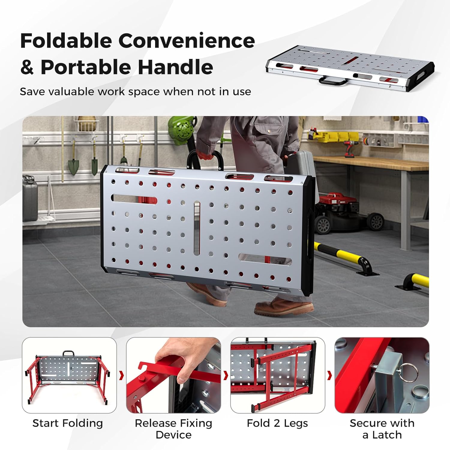 Goplus Portable Welding Table, 42' x 21' Folding Height Adjustable Weld Table Top w/1000LBS Capacity, 2 Bar Clamps, 8 Tool Slots, Handle, 0.7' Holes, Heavy-Duty Workbench Fixture Table for Garage