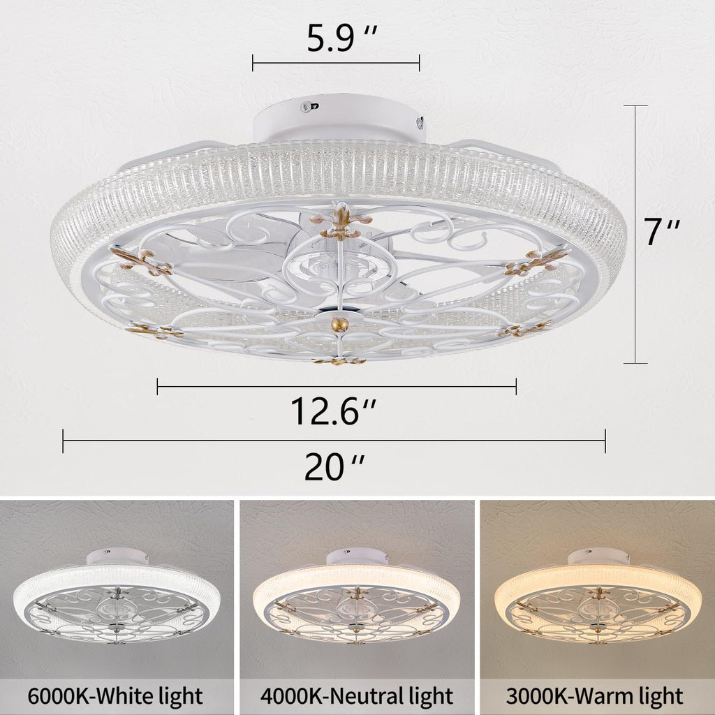 20' White Caged Ceiling Fan with Lights Remote Control with Crystal Sand Lampshade, Rustic Industrial Ceiling Fan with Light for Kitchen Bedroom Living Room