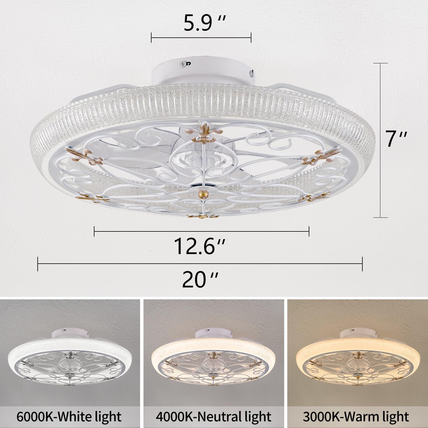 20' White Caged Ceiling Fan with Lights Remote Control with Crystal Sand Lampshade, Rustic Industrial Ceiling Fan with Light for Kitchen Bedroom Living Room