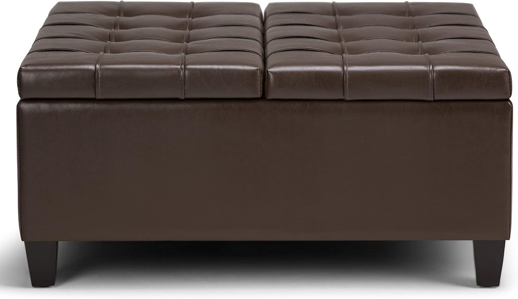 SIMPLIHOME Harrison Coffee Table Storage Ottoman - 36 inch Wide Upholstered Vegan Leather Square Lift-Top Ottoman in Chocolate Brown, Transitional Ottoman for Living Room with Hidden Storage