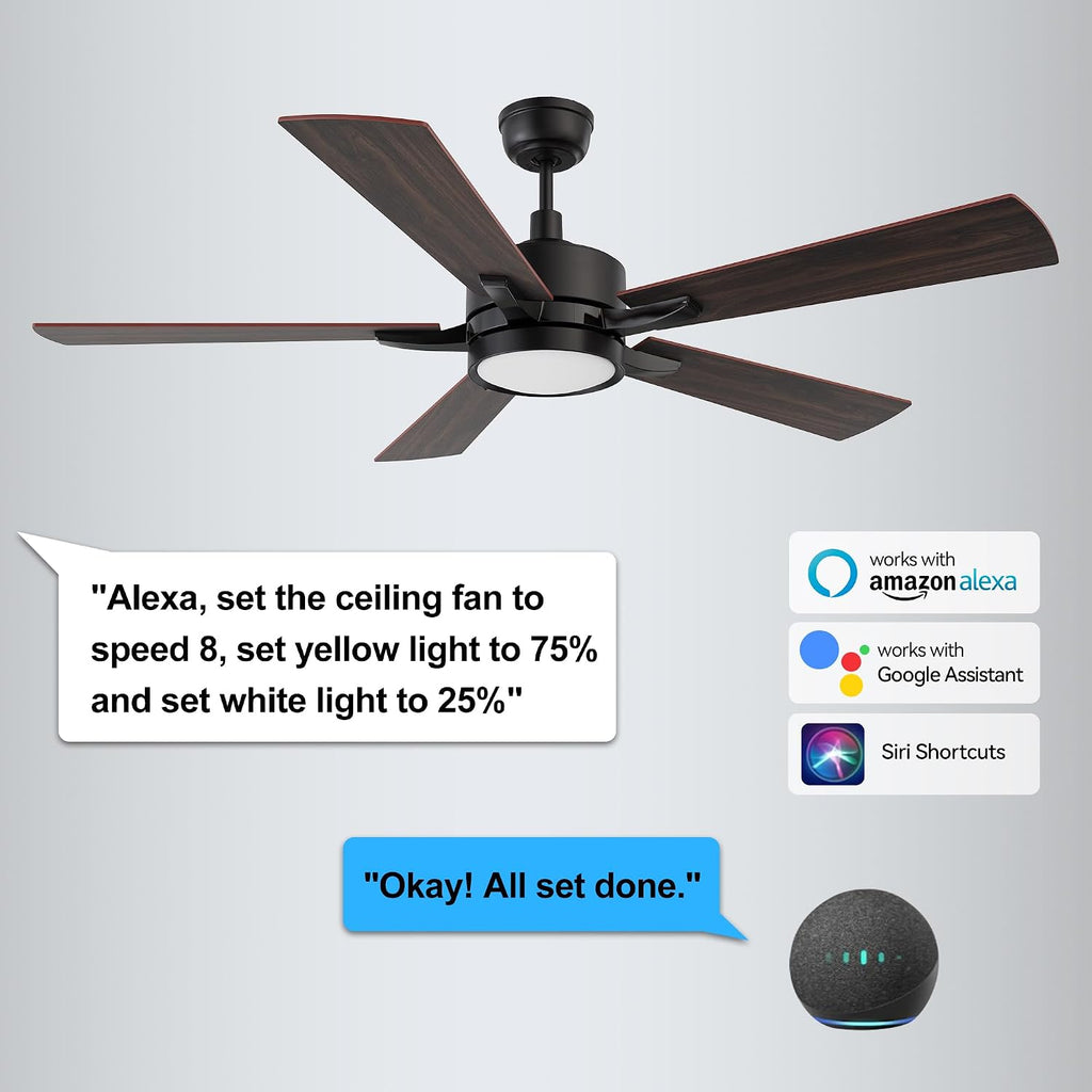 CEME 52' Ceiling Fan with Light and Remote, 10 Speeds Reversible DC Motor Outdoor Ceiling Fan, 3 Light Colors Dimmable, Compatible with Alexa, Siri & Google Home, Dark Walnut & Reddish brown