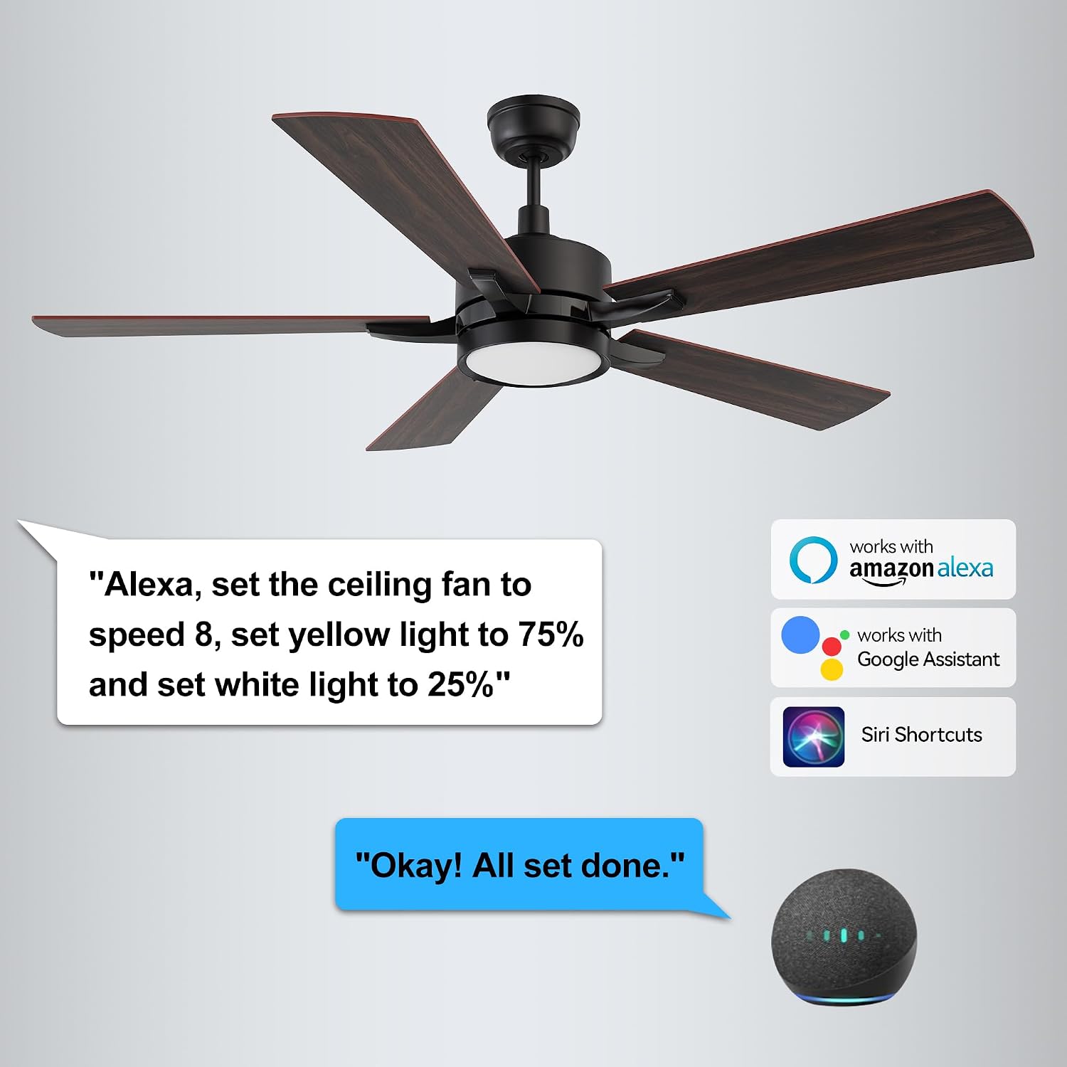 CEME 52' Ceiling Fan with Light and Remote, 10 Speeds Reversible DC Motor Outdoor Ceiling Fan, 3 Light Colors Dimmable, Compatible with Alexa, Siri & Google Home, Dark Walnut & Reddish brown