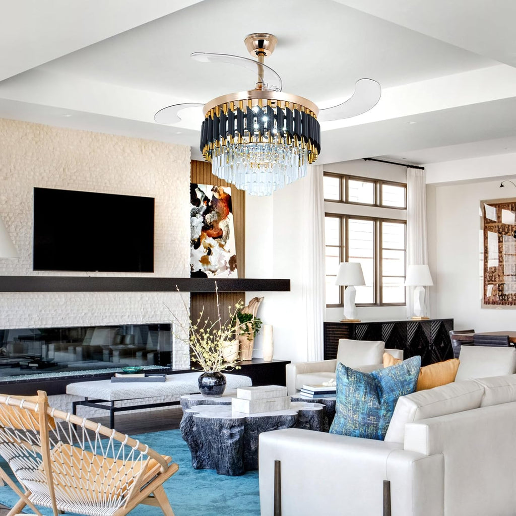 42' Crystal Chandelier Ceiling Fan and Remote, Gold Luxury Chandelier and Fan With 3 Colors 3 Speeds, Retractable Fandelier Ceiling Fan LED Light For Dinning Room Bedroom
