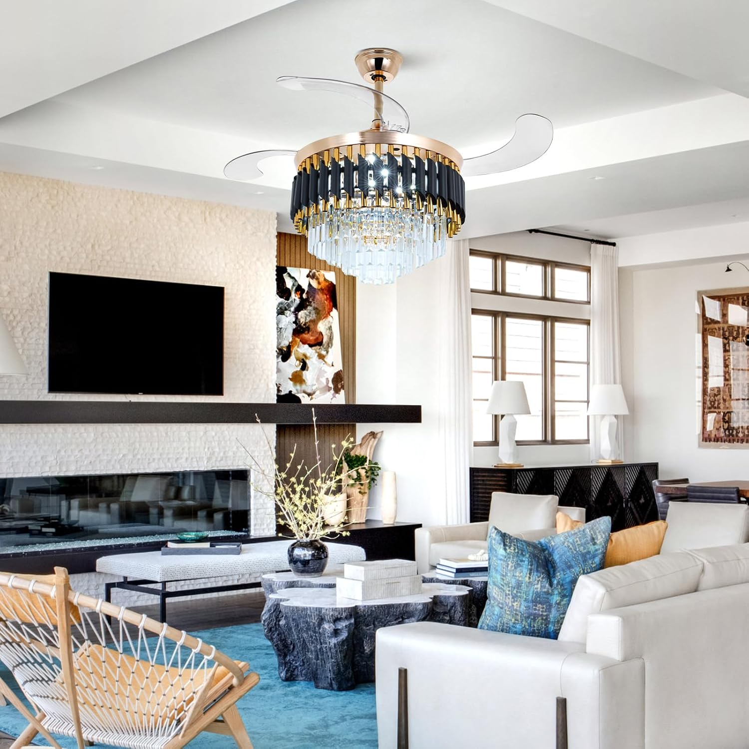 42' Crystal Chandelier Ceiling Fan and Remote, Gold Luxury Chandelier and Fan With 3 Colors 3 Speeds, Retractable Fandelier Ceiling Fan LED Light For Dinning Room Bedroom