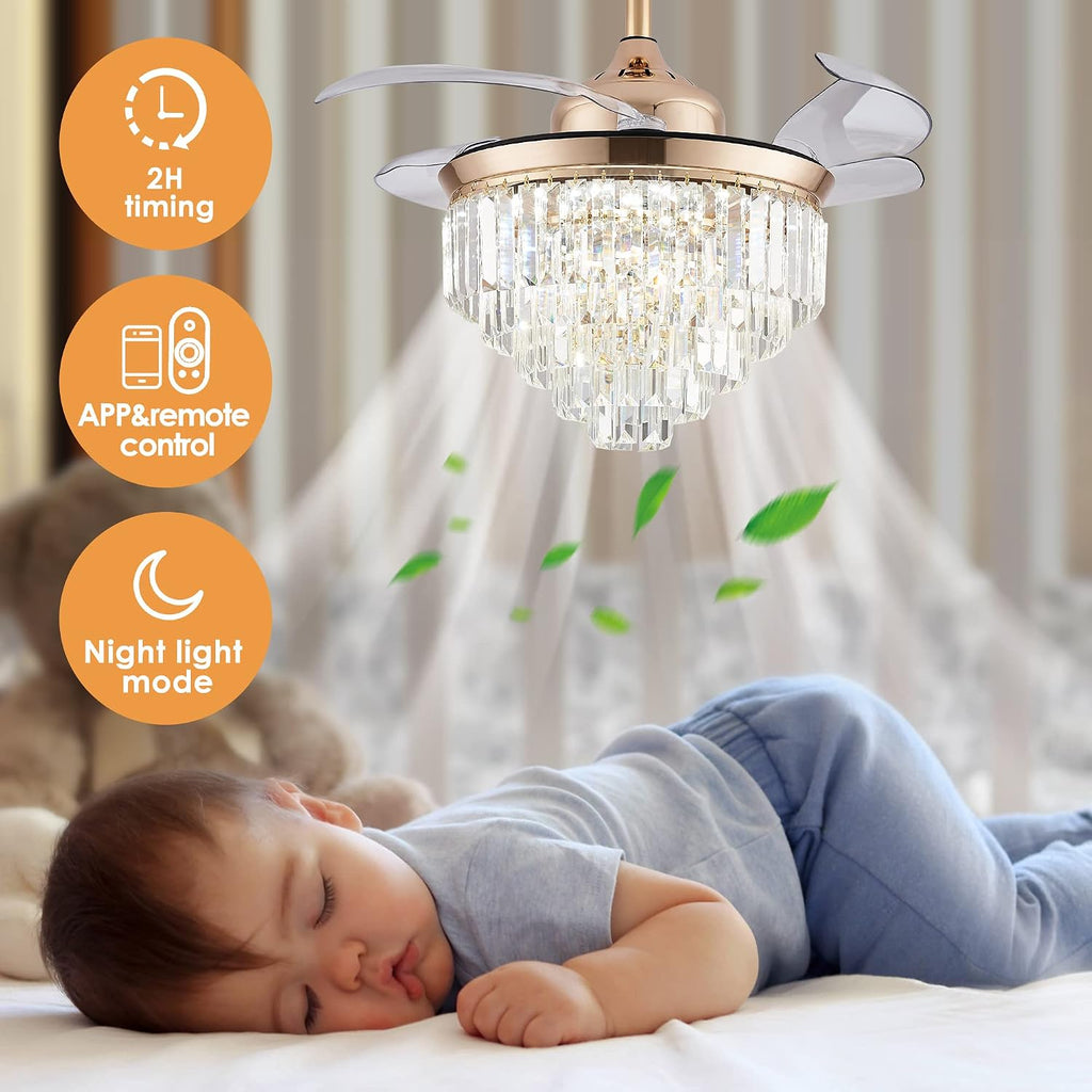 Finktonglan 36' Gold Crystal Flush Mount Fandelier Ceiling Fan with Light, Retractable Blades, Dimmable 72W LED, Remote & App Control, Quiet Reversible Motor, 6 Speeds for Bedroom/Living Room