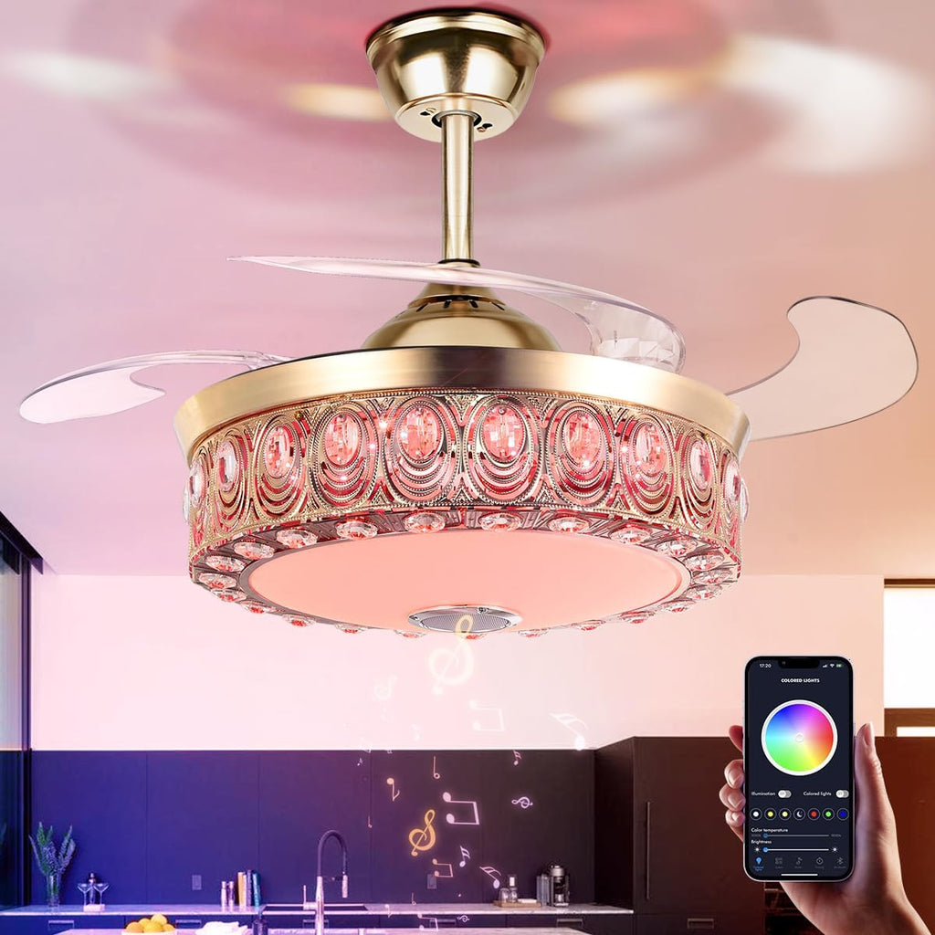 42' Crystal Fandelier Ceiling Fan with Light and Remote Bluetooth Speaker Modern Gold Chandelier Ceiling Fan Dimmable RGB Colors Retractable Blades for Dinning Room Bedroom