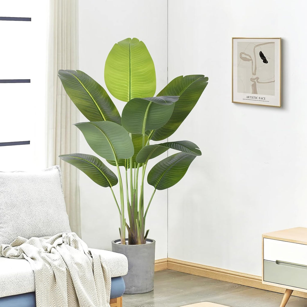 Artificial Bird of Paradise Plant 4Ft Tall Fake Tropical Palm Tree Large Fake Plants with 9 Silk Banana Leaves Faux Plant Indoor Decor Trees with White Pot for Home Bedroom Living Room Office（2pcs）