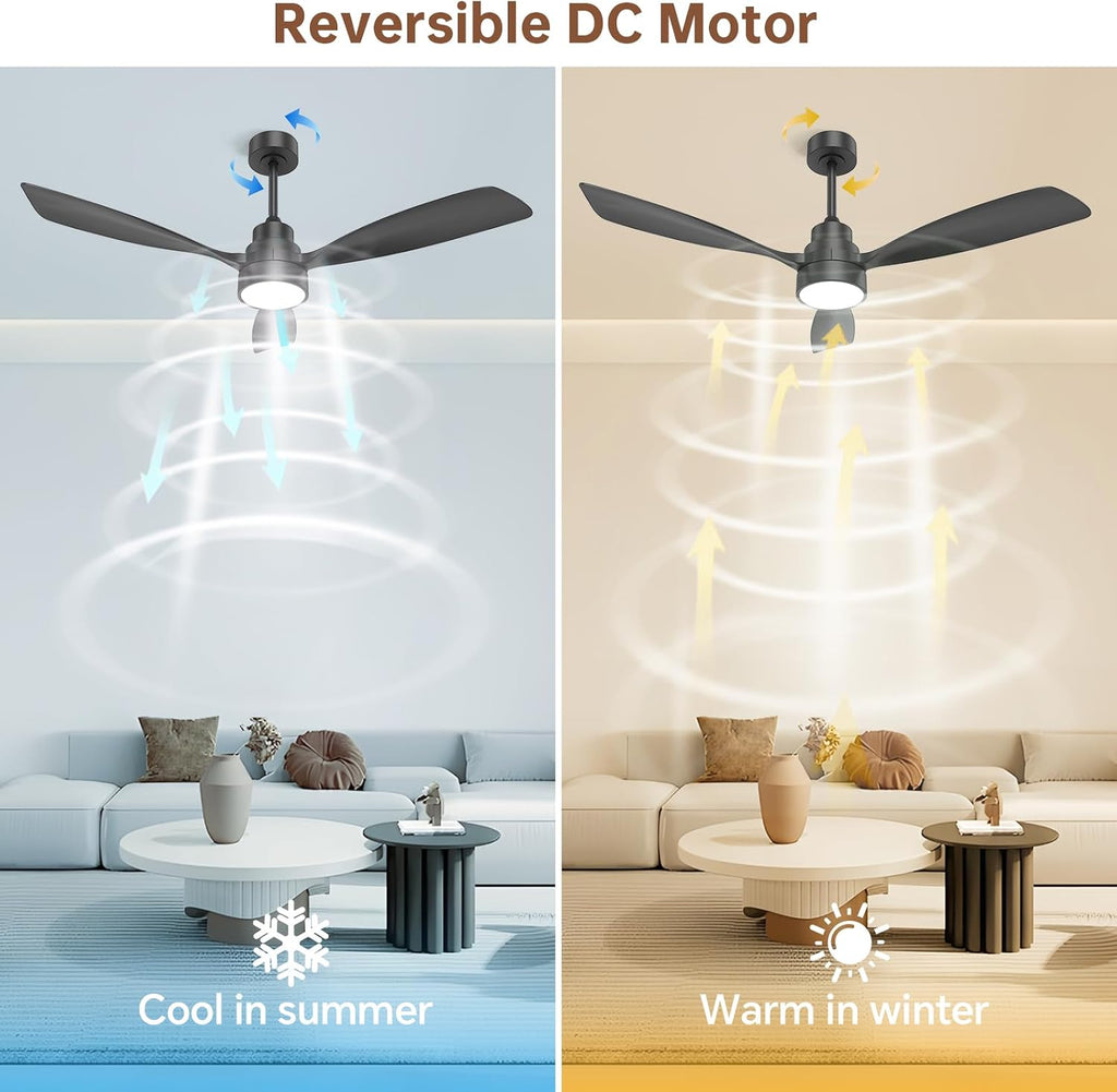 CACI Mall 48 inch Smart Ceiling Fans with Lights, Black, Low Profile, Modern, 3 Blades, Solid Wood, Remote Control, Work with Alexa/Google, Outdoor Indoor Ceiling Fans for Patio Living Room Bedroom