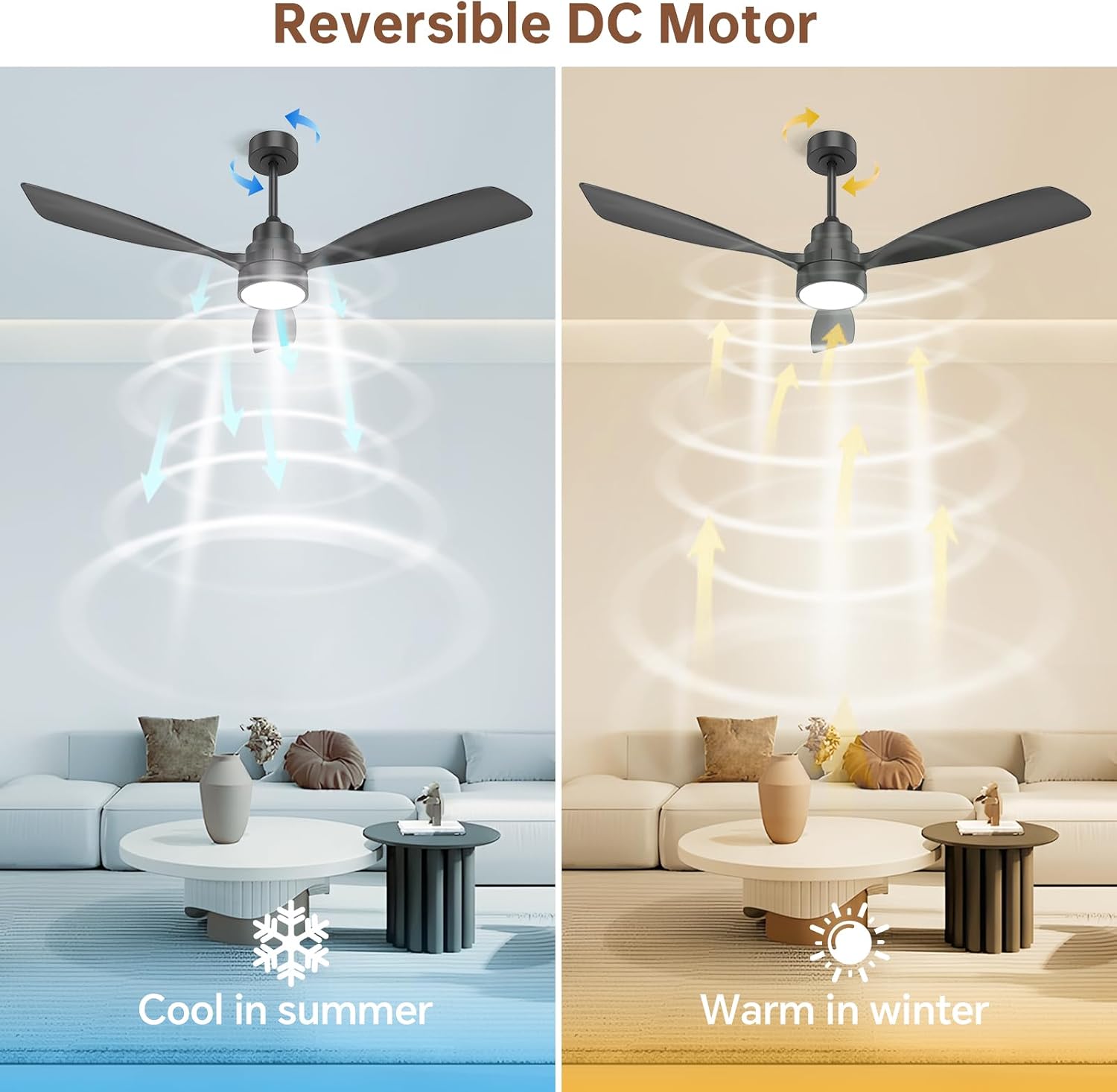 CACI Mall 48 inch Smart Ceiling Fans with Lights, Black, Low Profile, Modern, 3 Blades, Solid Wood, Remote Control, Work with Alexa/Google, Outdoor Indoor Ceiling Fans for Patio Living Room Bedroom