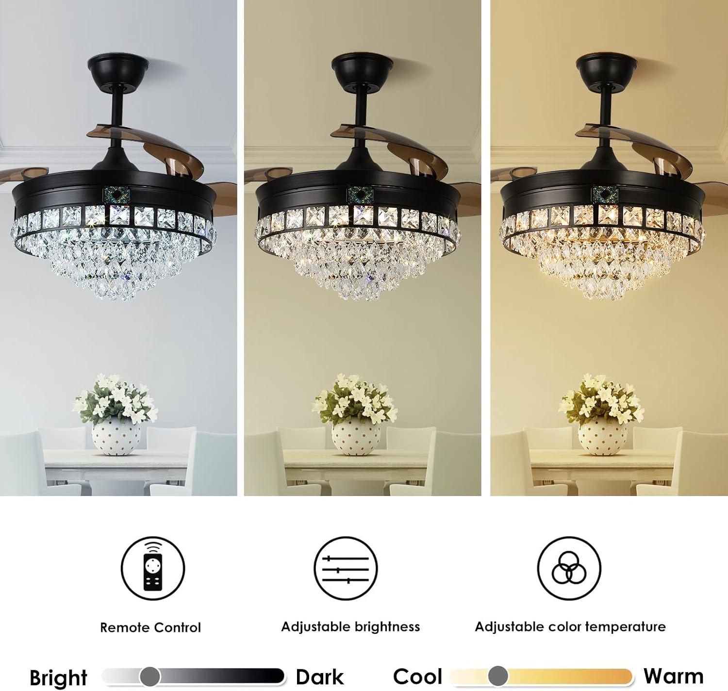 42' Black Crystal Ceiling Fan with Lights, Modern Dimmable Fandelier with Remote, LED Retractable Blades 3-Color with Memory Invisible Crystal Chandelier Fan for Living Room Dining Room