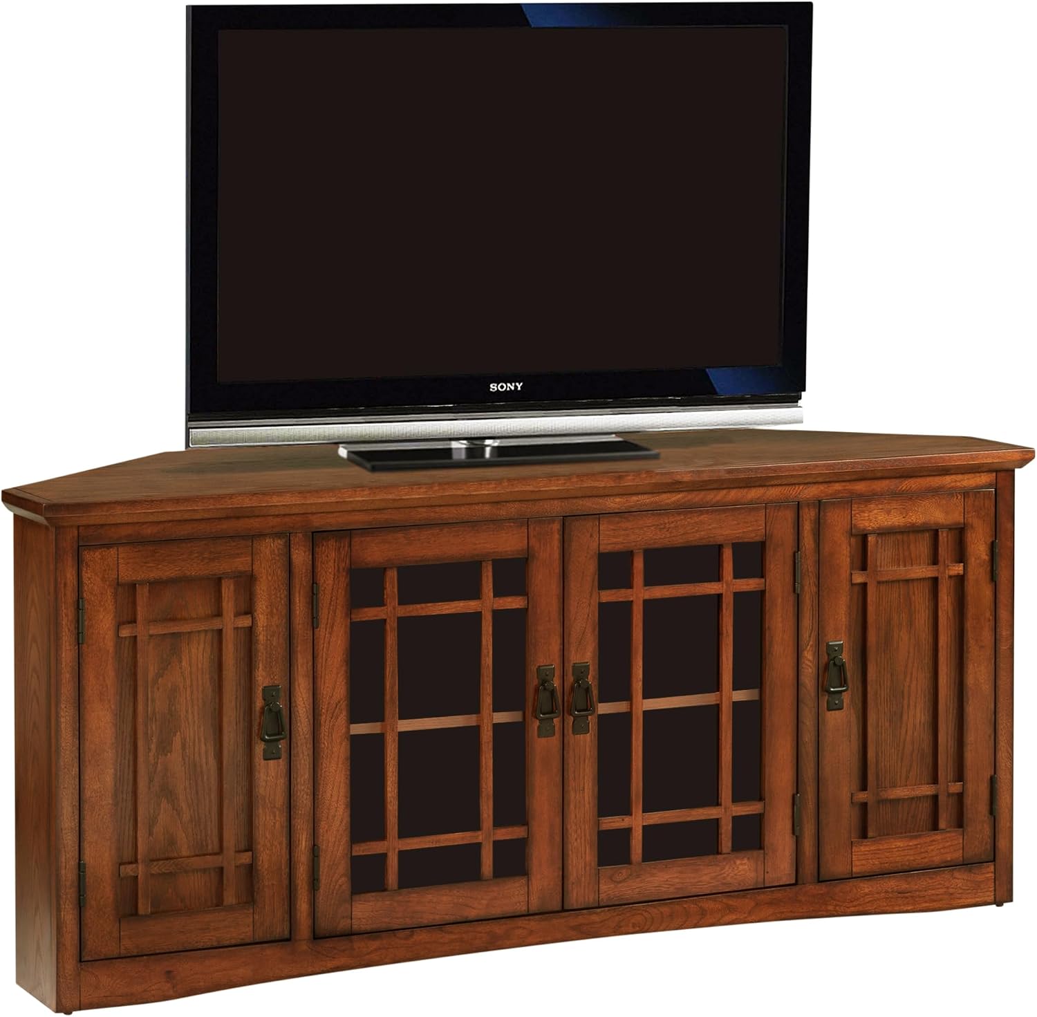 Leick Home 60 in Corner TV Stand, Solid Wood, Adjustable Shelves, Easy Assembly, Mission Style, Blackened Hardware, Medium Oak, 56 in W x 20 in D x 25 in H, 82386