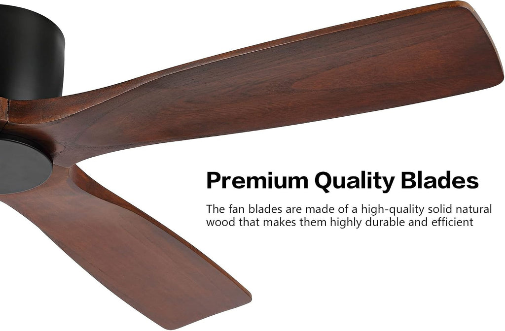 WINGBO 48 Inch Flush Mount DC Ceiling Fan without Lights, 4 Reversible Carved Wood Blades, 6-Speed Noiseless DC Motor, Hugger Ceiling Fan No Lights in Matte Black Finish with Walnut Blades, ETL Listed
