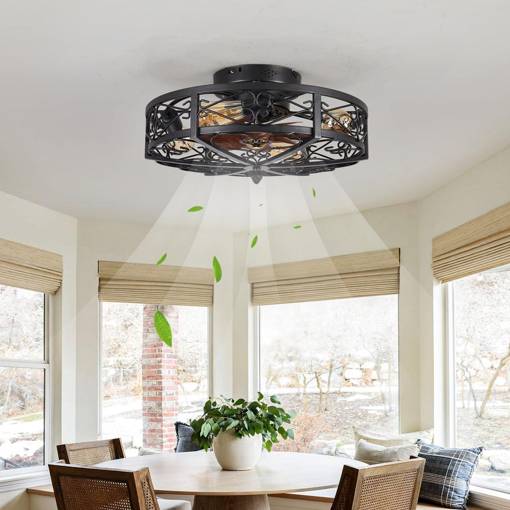 20' Caged Farmhouse Flush Mount Ceiling Fan with Light and Remote Control Bladeless Low Profile Ceiling Fans with Lights Enclosed Vintage Fan 6 Speed Reversible for Kitchen, Bedroom