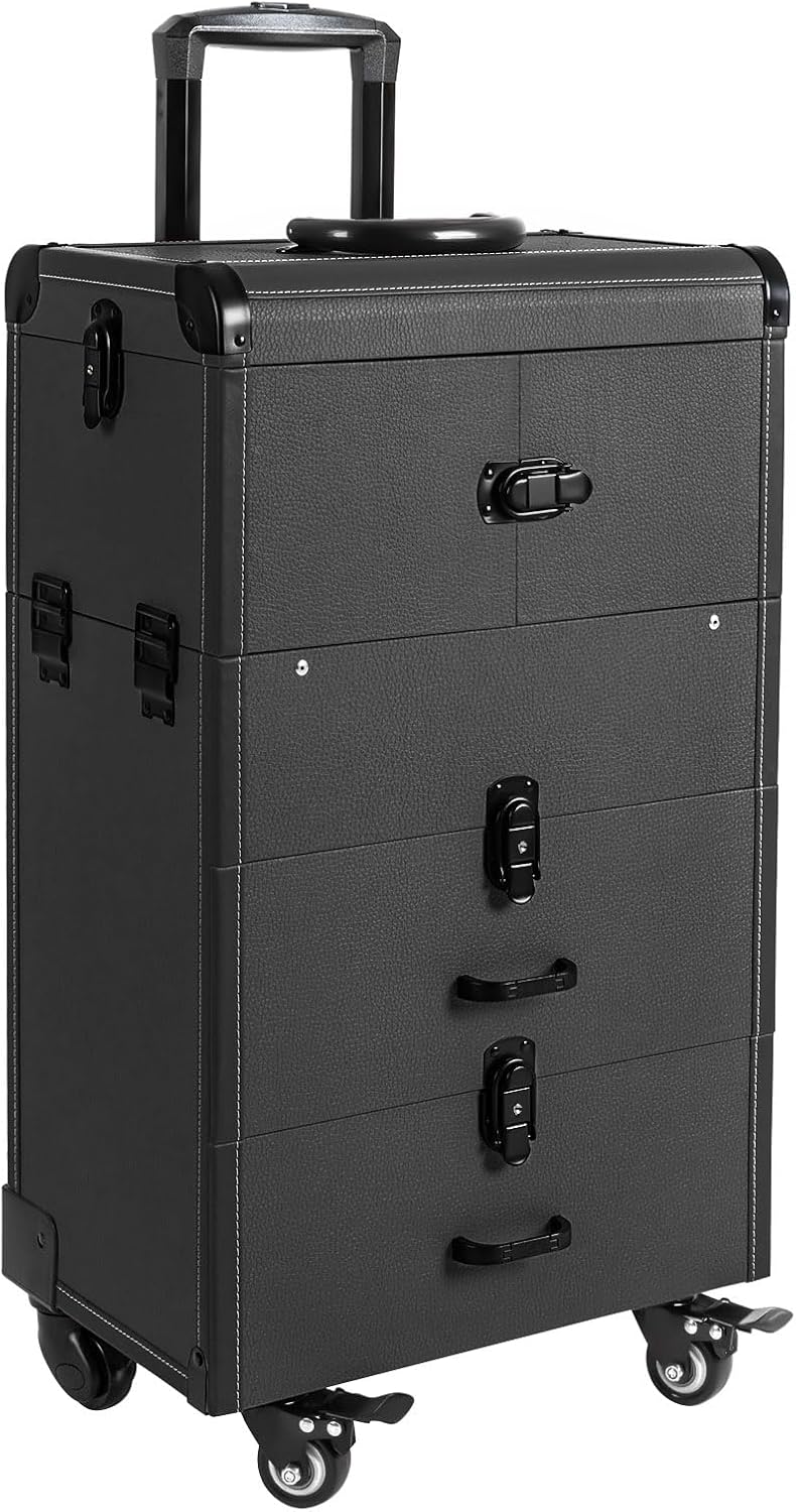 Professional Rolling Makeup Case Train Case Portable Cosmetic Organizer Trolley Lockable Rolling Make-ups Case Storage Cart Makeup Train Case Cosmetology Case On Wheels (Black|4 trays)