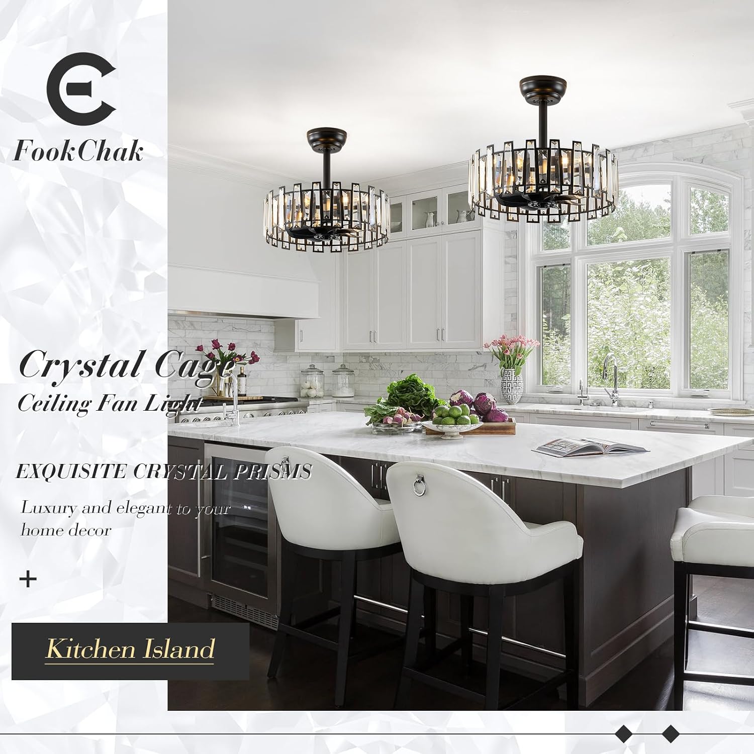 Crystal Caged Ceiling Fan Light with Remote Control Modern Black Crystal Ceiling Light with Fan Reversible 18in Fandelier for Bedroom Kitchen Dining Room Living Room