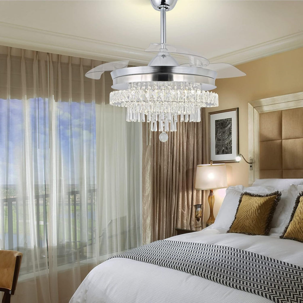 Finktonglan 42' Crystal Fandelier Ceiling Fan with Light, Retractable Blades, Dimmable 60W LED, Remote & App Control, Quiet Reversible Motor, 6 Speeds & Timer, Downrod Mount