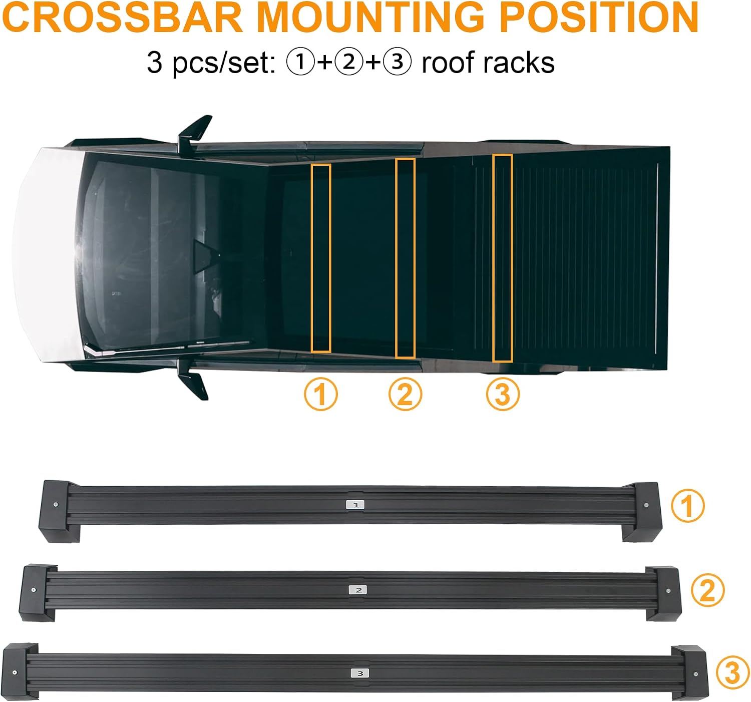 Super Heavy-Duty Roof Rack Crossbars Upgration for Tesla Cybertruck Specific fit Factory Mouting Points Aluminum Body Loading Weight at 550lbs MAX (Sold as 3pcs)