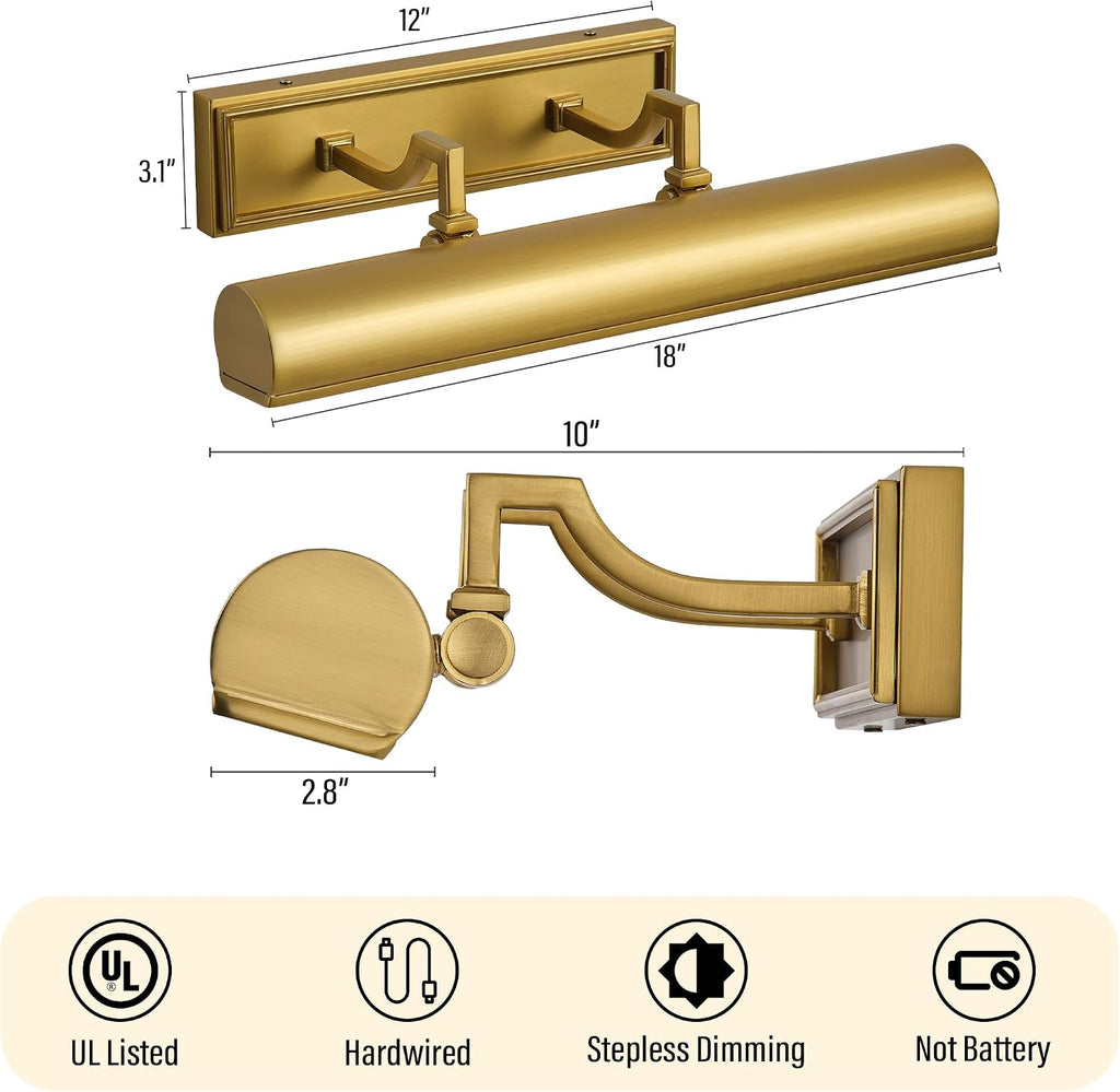 18in Brass Picture Light, 270° Rotatable Gold Wall Sconce Hardwired, 3-Light Vanity Wall Light Over Mirror, Dimmable Picture Art Light for Living Room, Bedroom & Bathroom