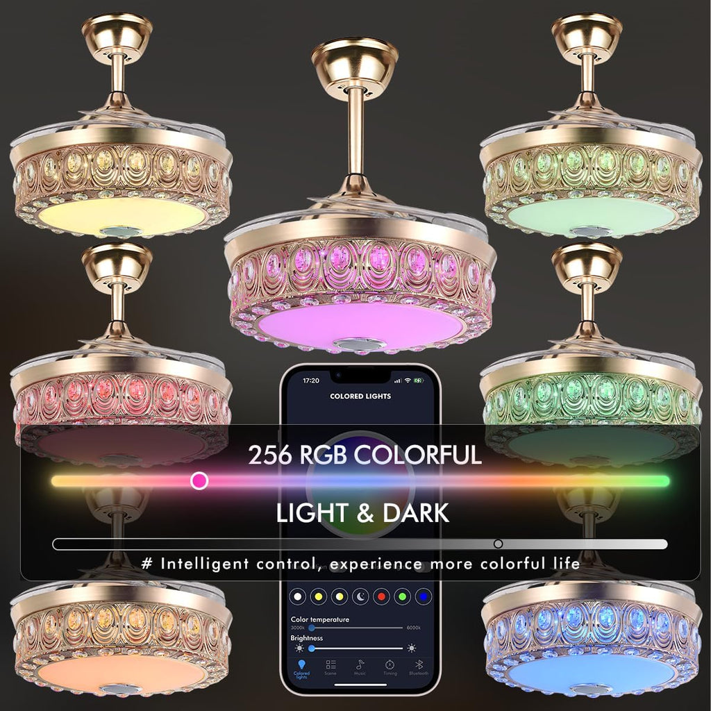 42' Crystal Fandelier Ceiling Fan with Light and Remote Bluetooth Speaker Modern Gold Chandelier Ceiling Fan Dimmable RGB Colors Retractable Blades for Dinning Room Bedroom