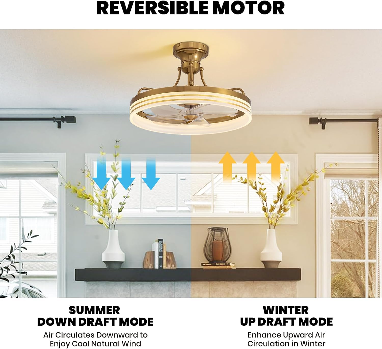 20inch Ceiling Fan with Light Gold Flush Mount Fandelier with Remote Control Modern LED Ceiling Fan 6 Wind Speeds Fandelier for Bedroom Living Room Kitchen