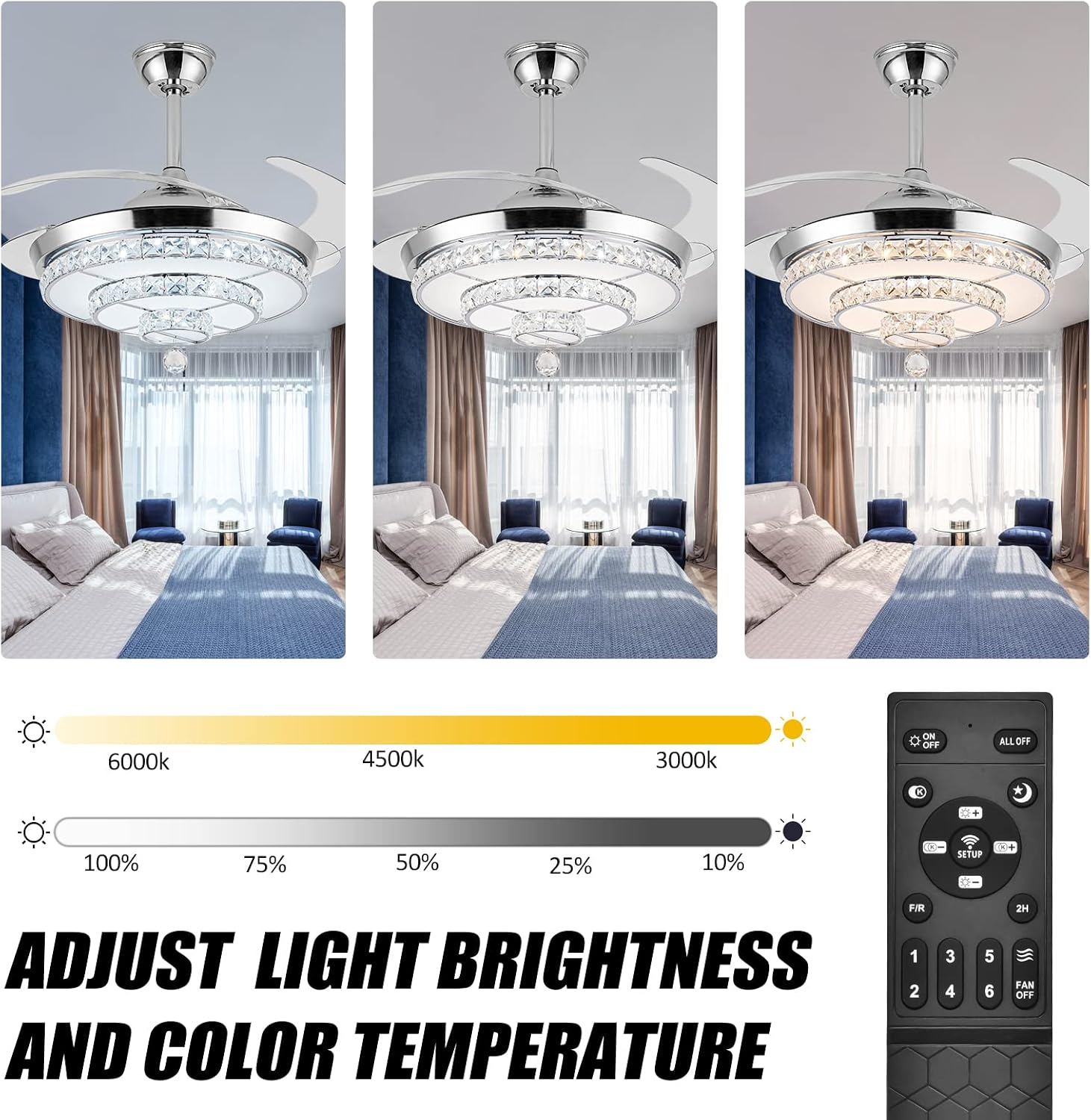 42' Fandelier Invisible Ceiling Fan Chandelier with Light,Modern Crystal Ceiling Fan Light Remote Control 4 Retractable ABS Blades for Bedroom Living Dining Room Decoration