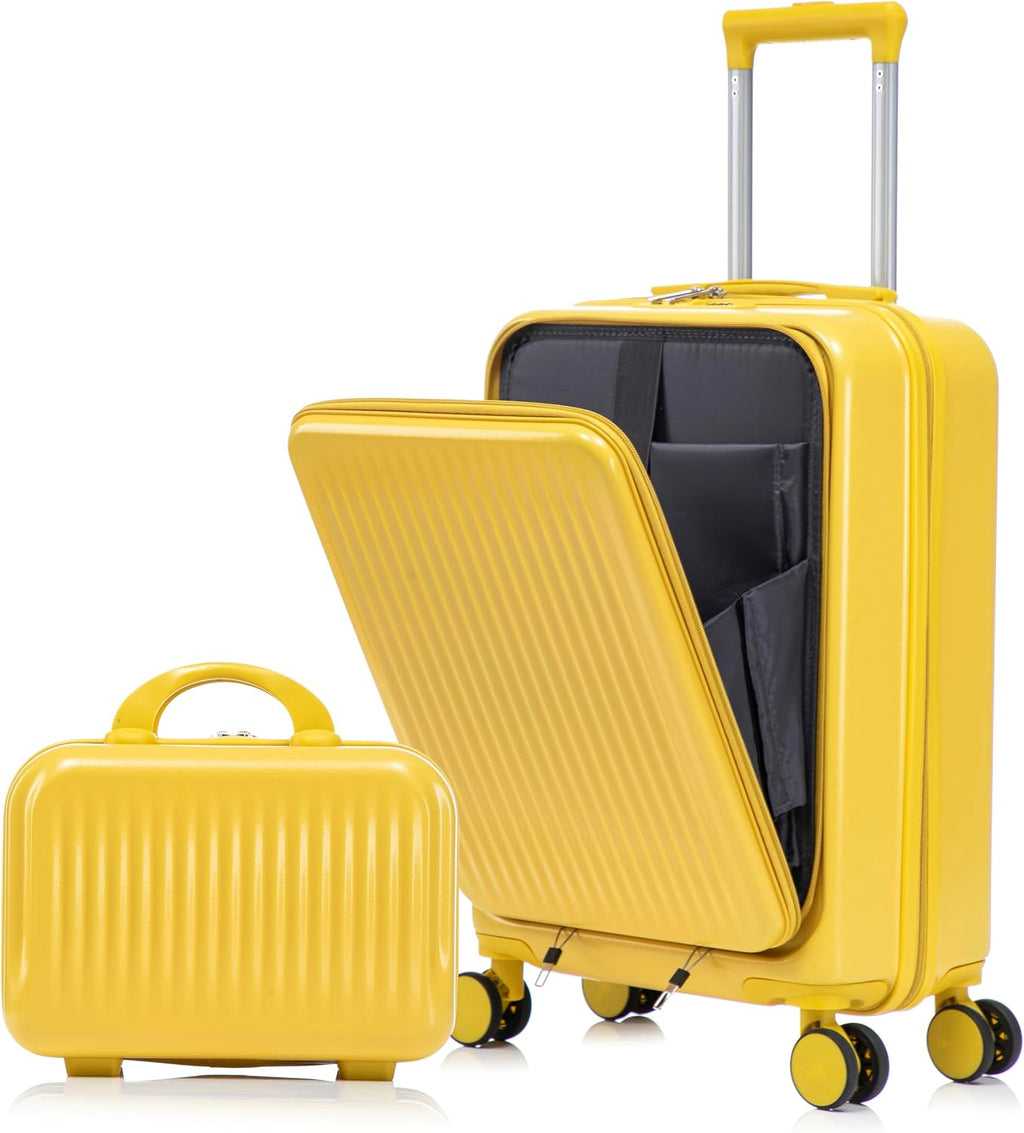 Two-piece luggage set with swivel wheels black hard shell 20-inch carry-on and 14-inch vanity case (Yellow)
