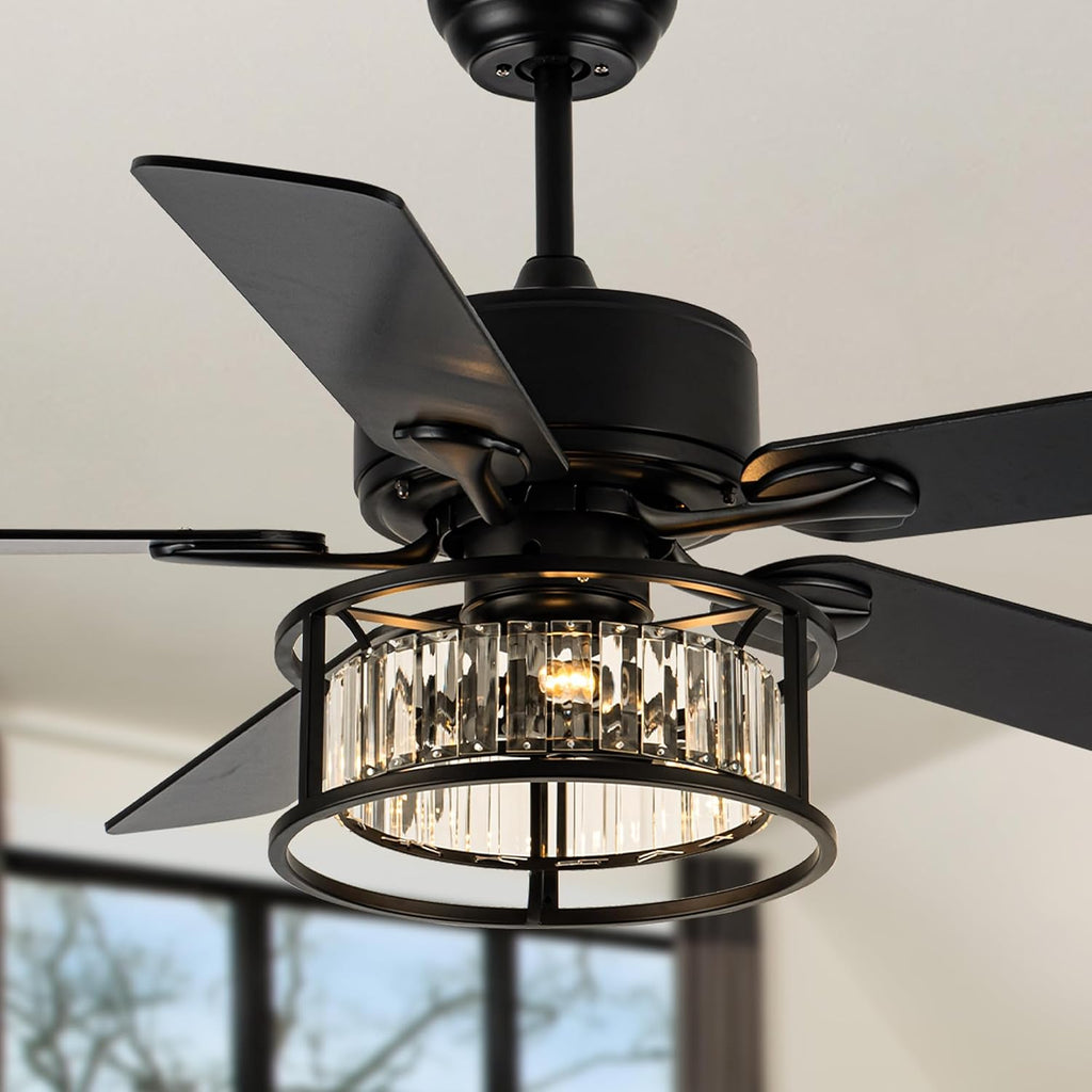 Dawn Whisper 52 Inch Chandelier Ceiling Fans with Lights and Remote Quiet and Reversible DC Motor Black Caged Modern Ceiling Fan for Bedroom Living Room