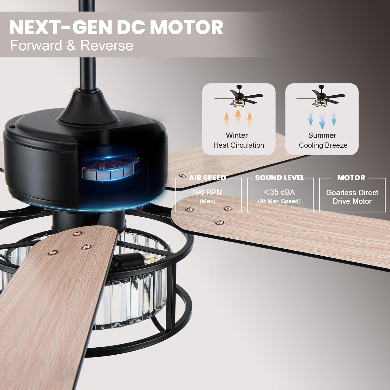 Dawn Whisper 52 Inch Chandelier Ceiling Fans with Lights and Remote Quiet and Reversible DC Motor Black Caged Modern Ceiling Fan for Bedroom Living Room