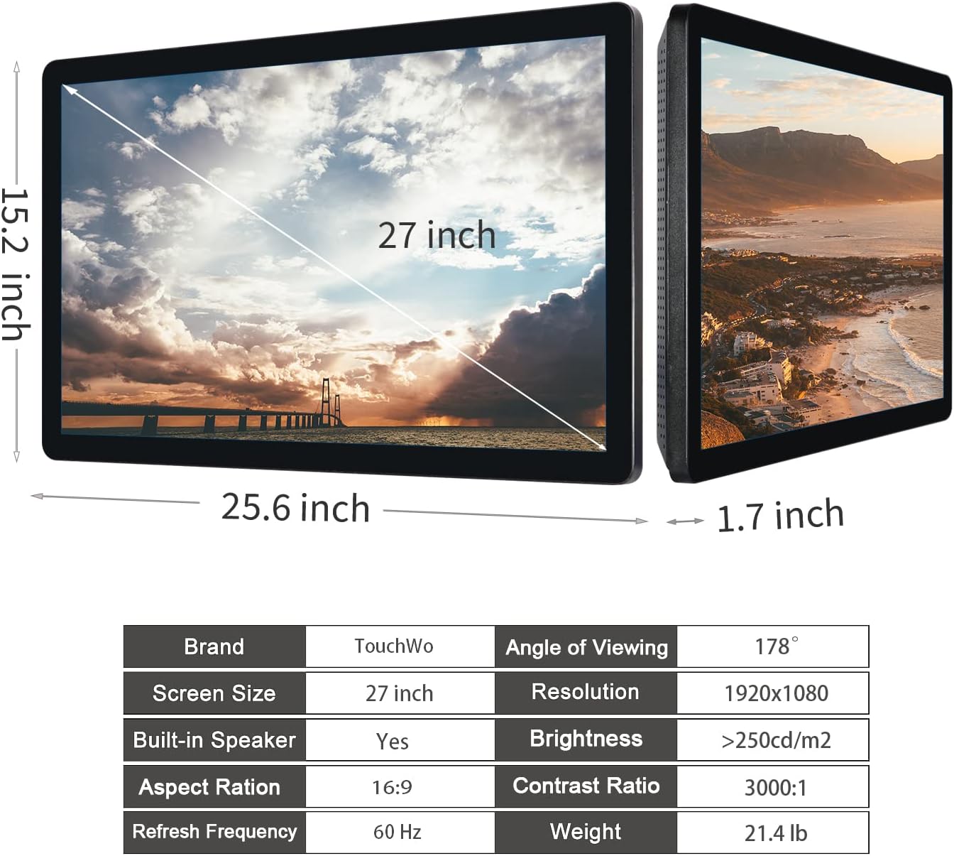 27 inch Touch Screen PC Monitor, Intel i5, 4GB RAM, 128G SSD, 16:9 FHD 1080P, Windows 10, Smart Board for Classroom, Meeting & Home, USB, VGA & HD-MI Monitor