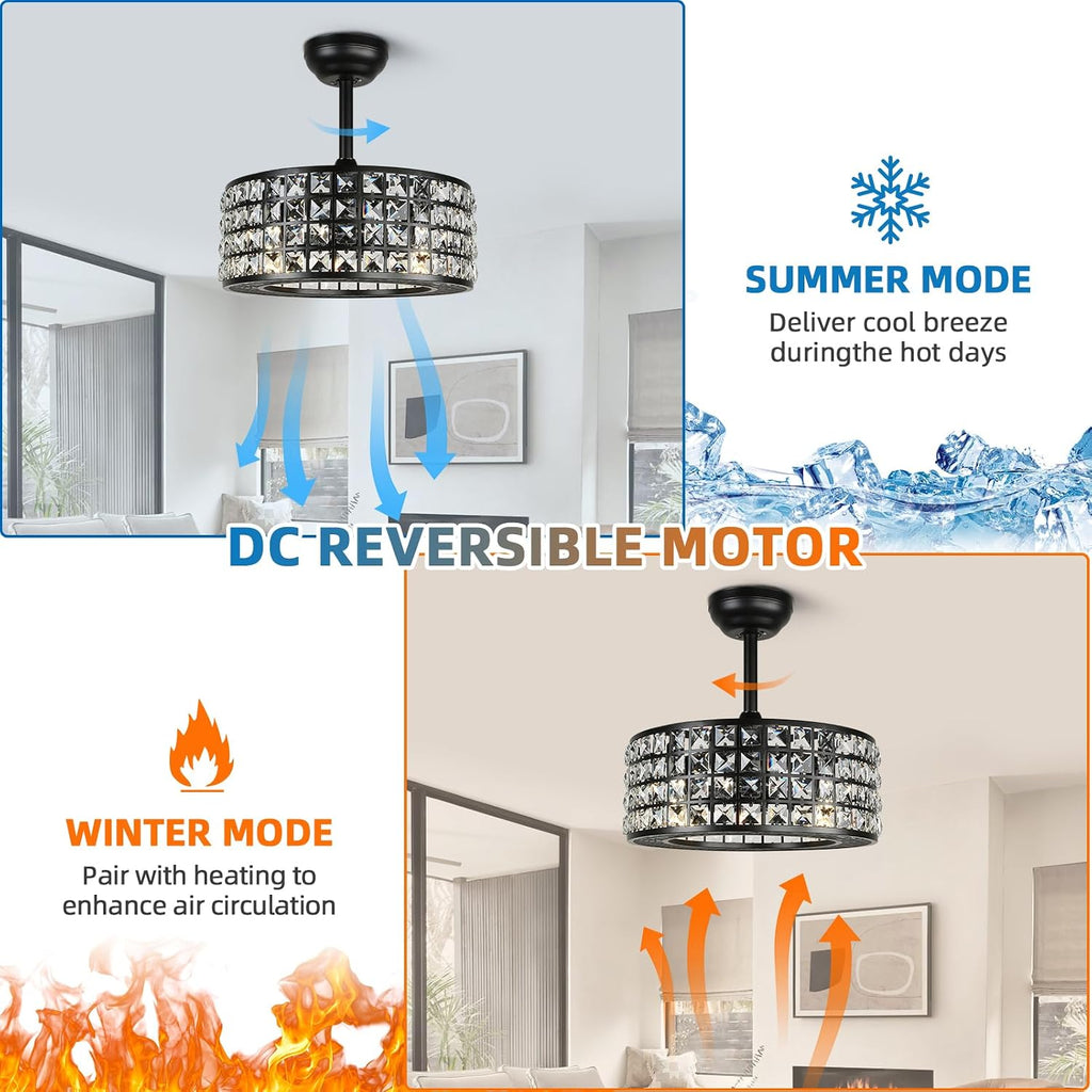 YYEHON Bladeless Ceiling Fan with Lights and Remote, 18' Caged Industrial Fandelier, Indoor Crystal Chandelier Ceiling Fan for Bedroom, Living Room, Dinning Room, Kids Room, Black