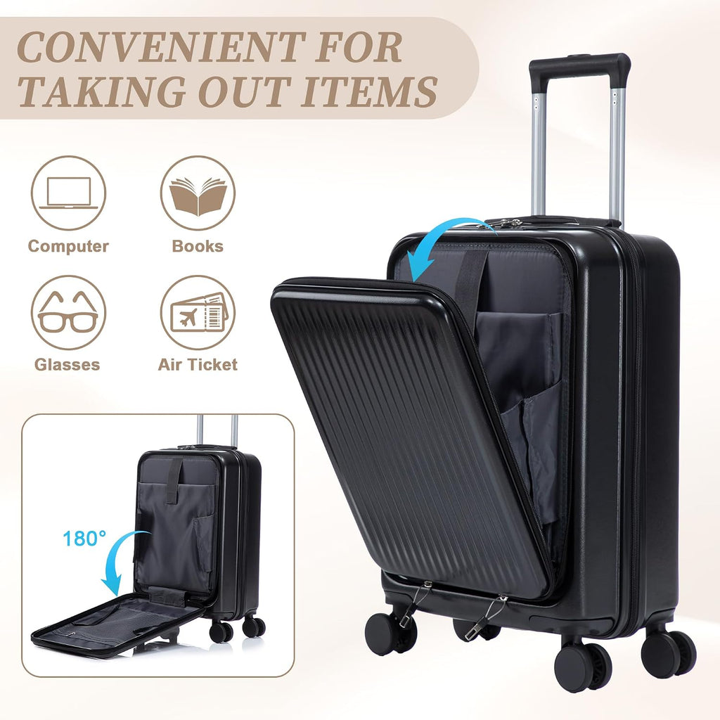 Two-piece luggage set with swivel wheels black hard shell 20-inch carry-on and 14-inch vanity case (Black)