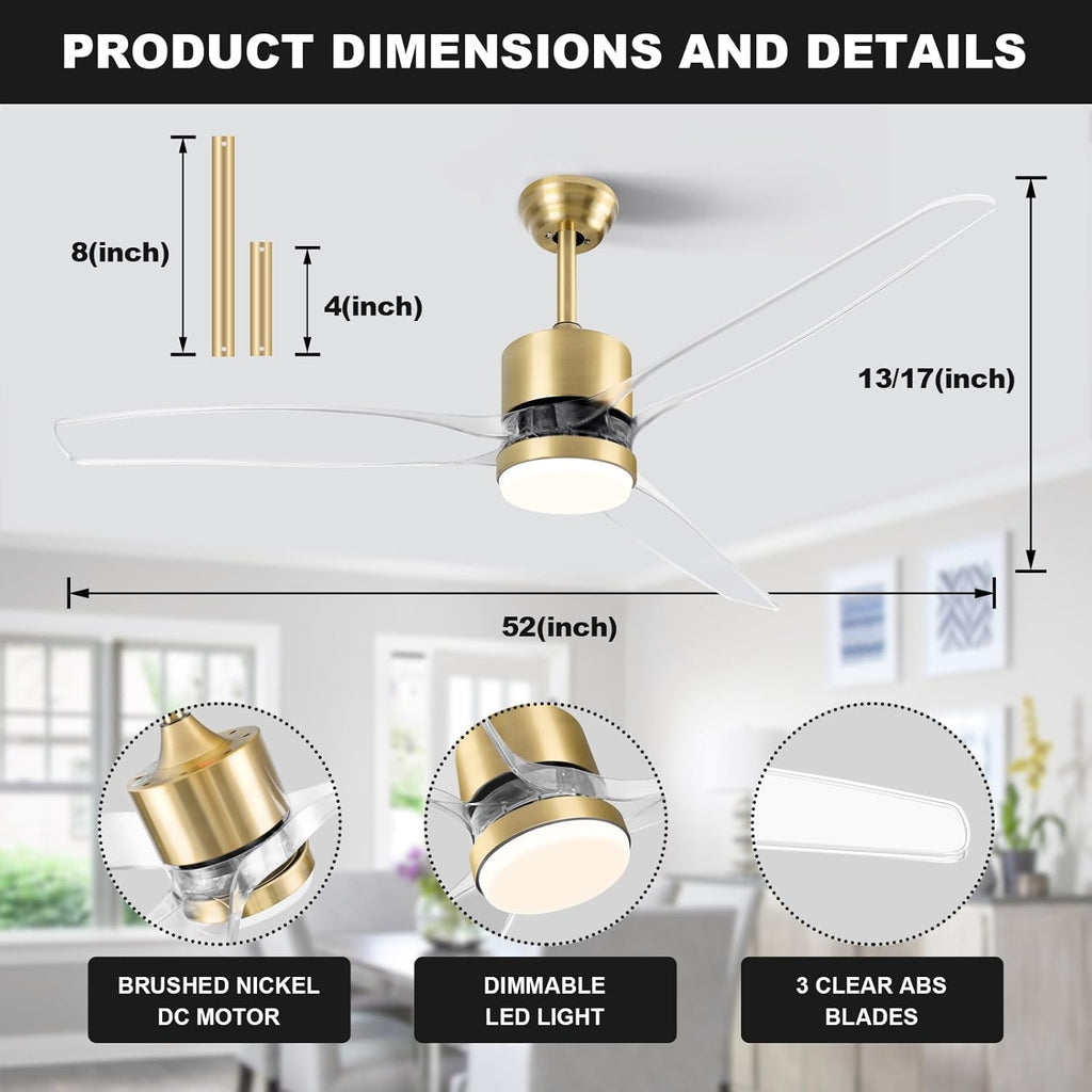 OKELI Clear Ceiling Fan with Light, 52 Inch Gold Transparent Ceiling Fans with Light and Remote 3 Reversible Blade LED Ceiling Fan and Light Combo for Living Room, Bedroom, Patio