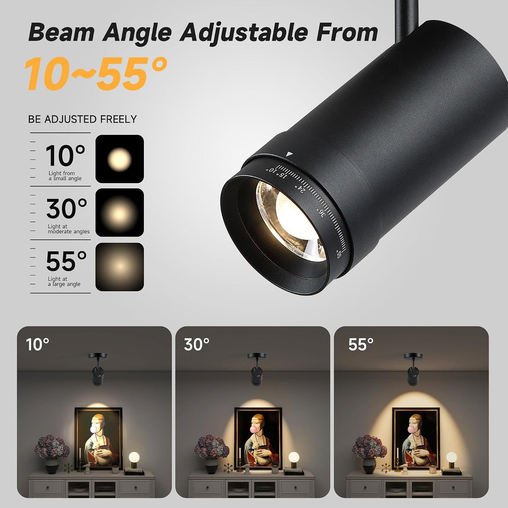 4 Pcs 9W LED Zoomable Ceiling Spotlight, Dimmable, Adjustable Beam Angle 10-55°, Swivel, CRI 97, Matte White Aluminum, Wired Accent Lamp for Corridor, Artwork, Living Room, and Modern Interiors