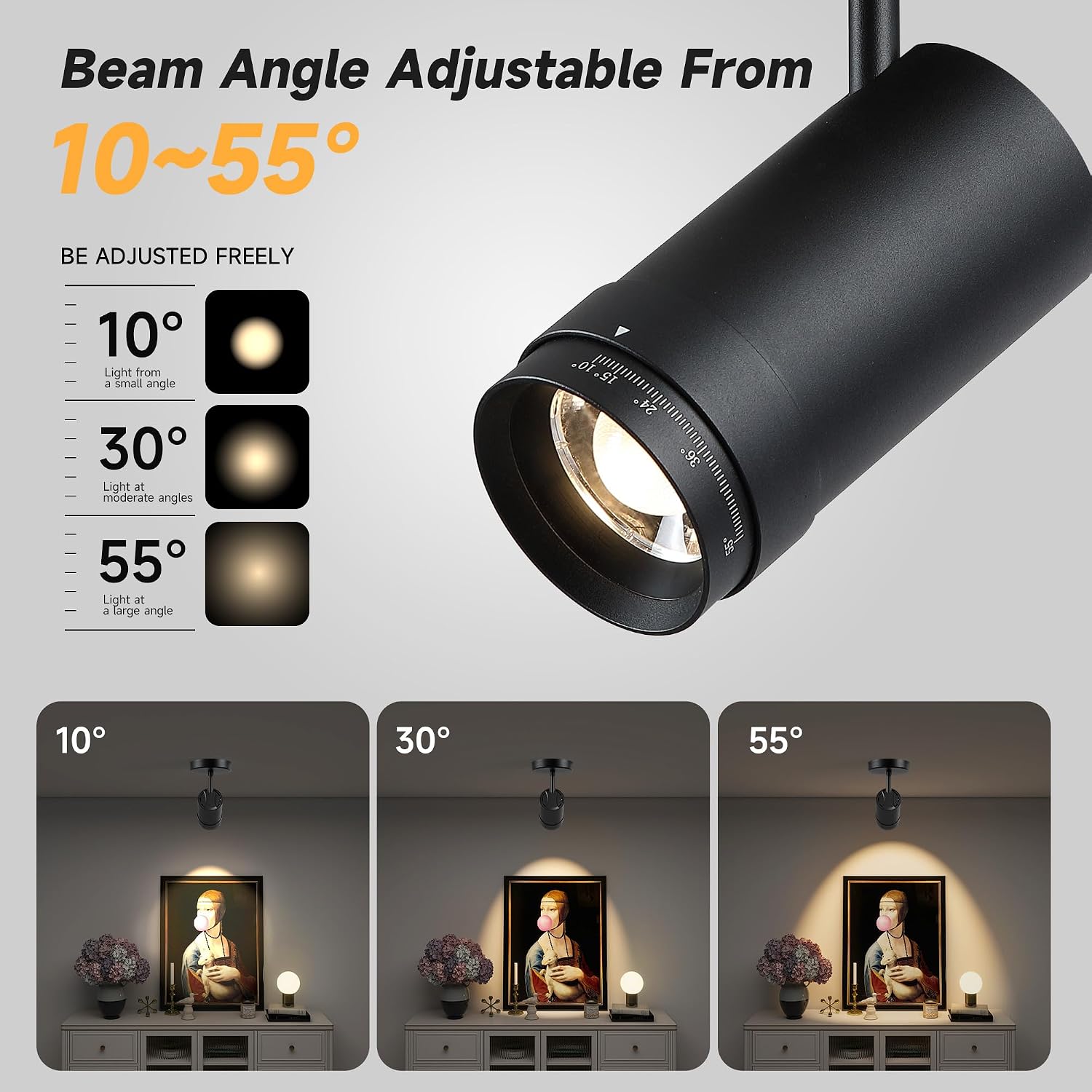 4 Pcs 9W LED Zoomable Ceiling Spotlight, Dimmable, Adjustable Beam Angle 10-55°, Swivel, CRI 97, Matte White Aluminum, Wired Accent Lamp for Corridor, Artwork, Living Room, and Modern Interiors