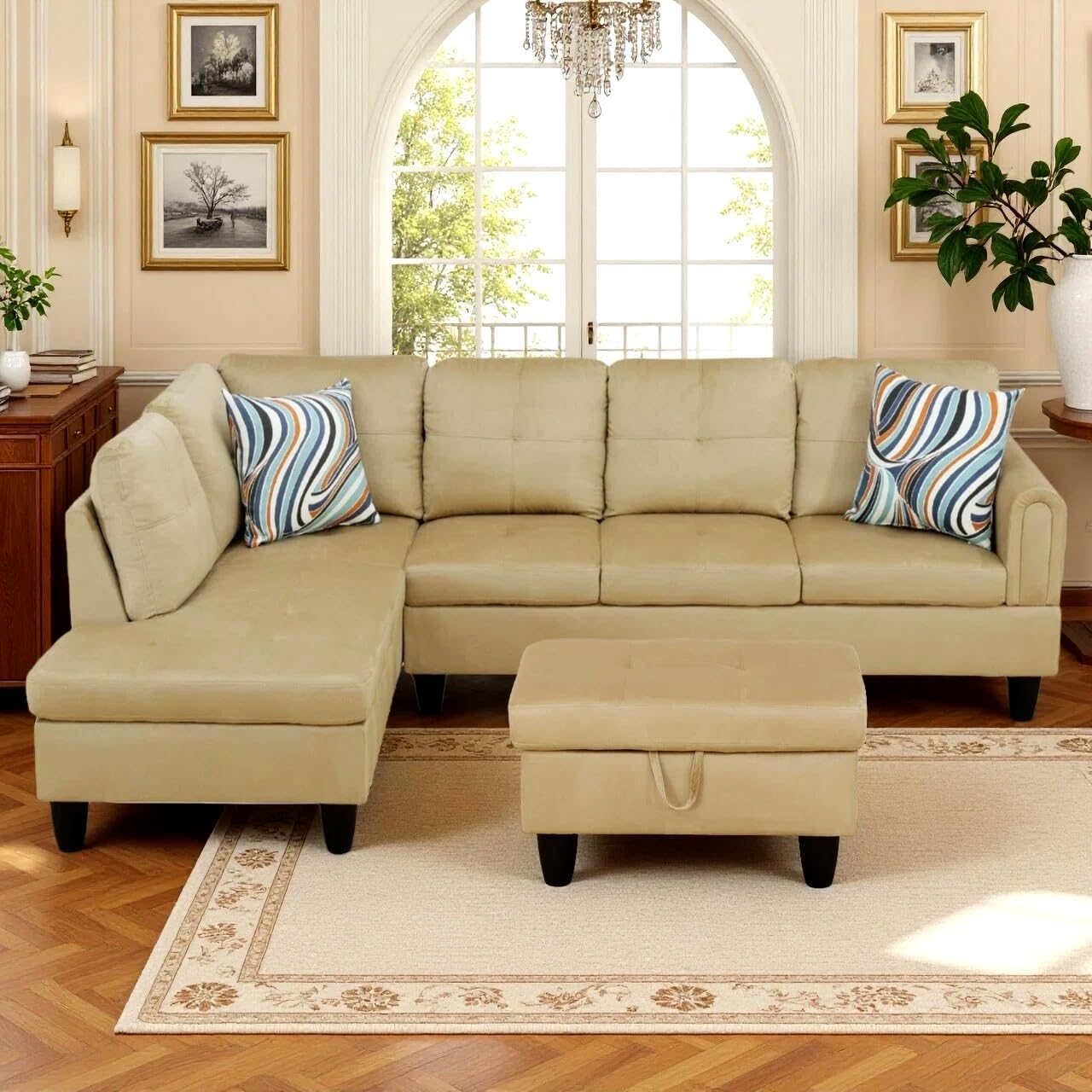 97' L Shaped Couch Sectional Couches with Chaise and Storage Ottoman, 3 Pieces Modular Convertible Sofa for Living Room Furniture Sets and Small Apartment, Beige