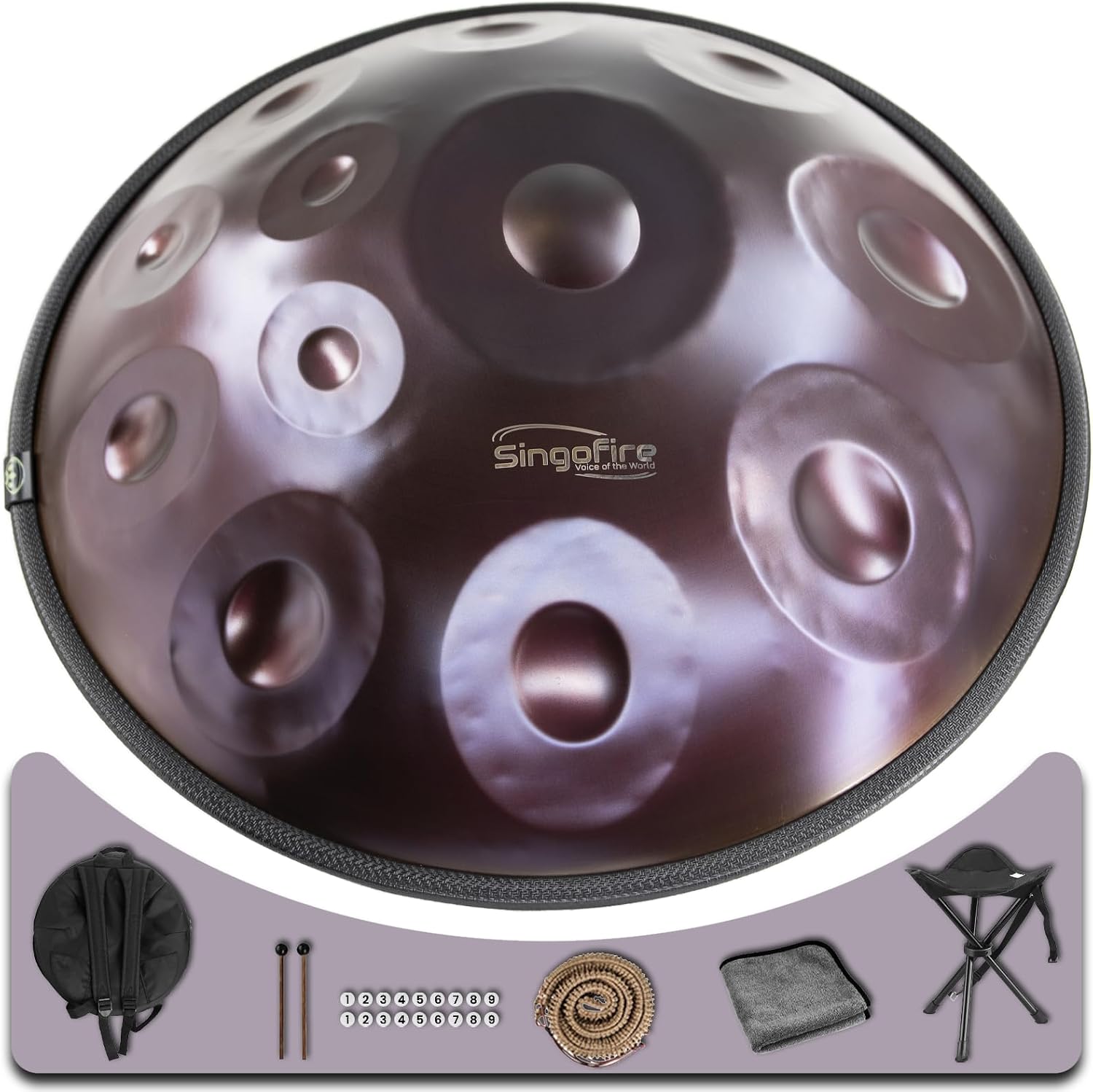 'SINGOFIRE' 12-Notes Handpan Drum, Handpan Drums for Adults, 22-Inch 440Hz D Minor Kurd, HandPan Instrument with Soft Handpan Bag, 2 Mallets, Handpan Stand and Dust-Free Cloth(Purple)