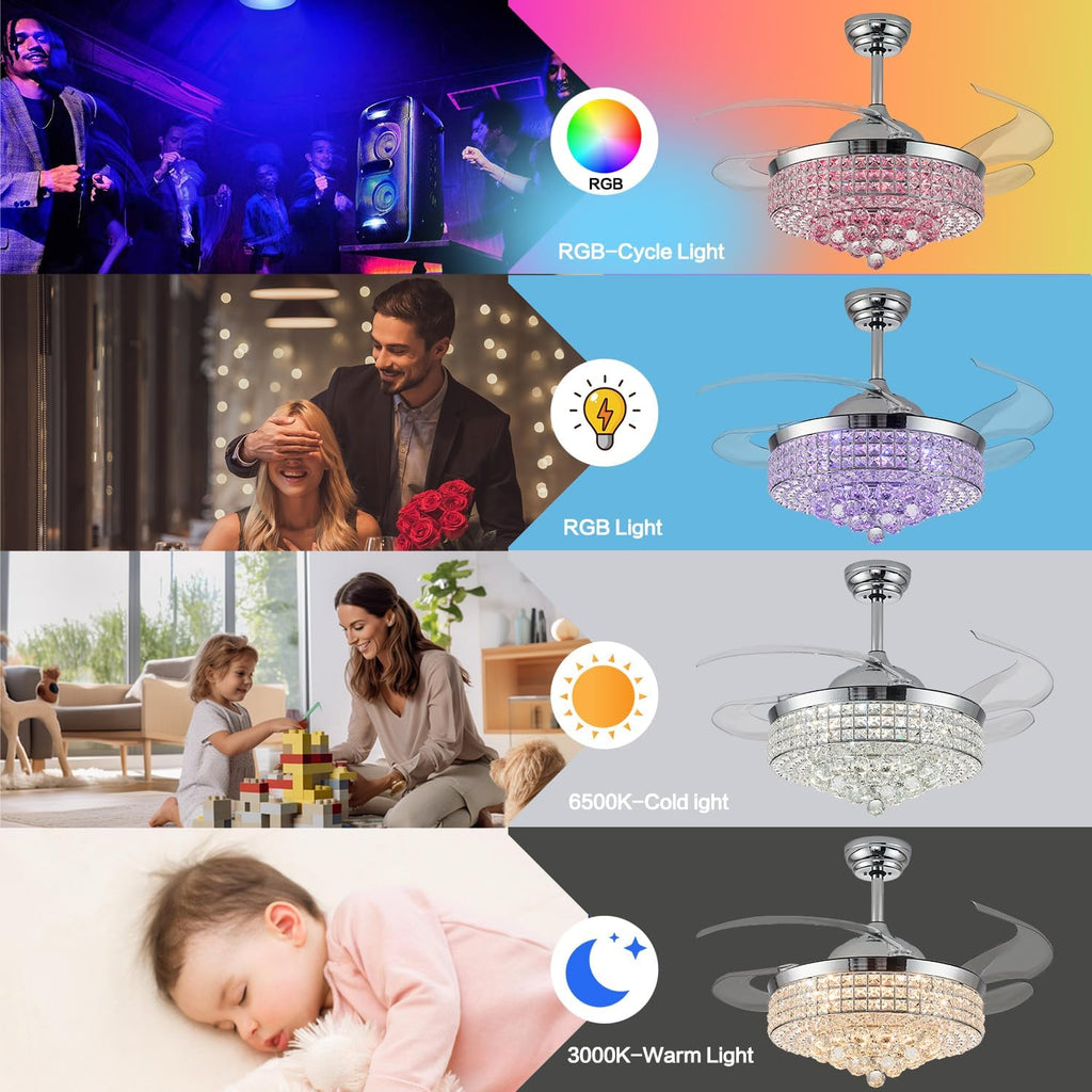 36' Bluetooth Ceiling Fan with Light and Speaker,RGB Retractable Blades Crystal Fandelier Music Player LED Chandelier 6-Speed APP Control Timer Remote Control for Bedroom Silver