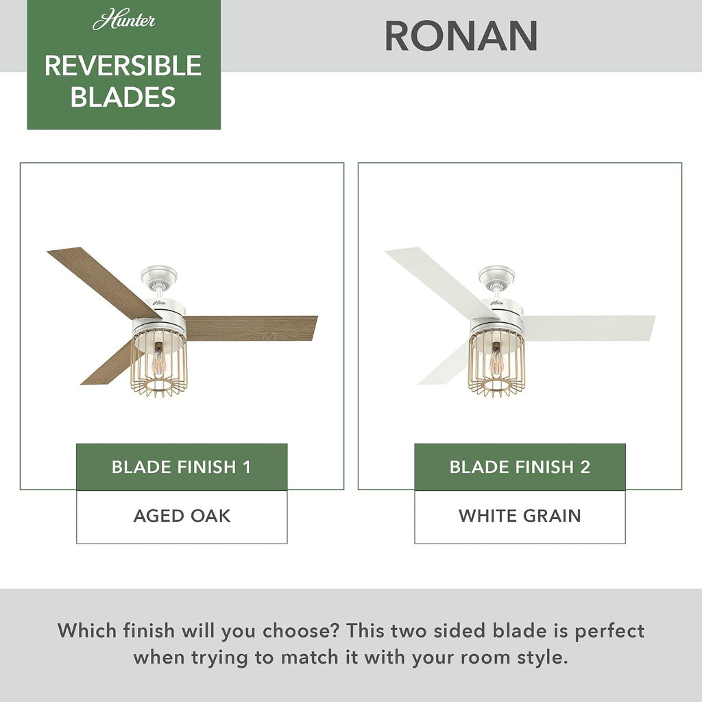 Hunter 52 inch Indoor Ceiling Fan with LED Light and Remote Control - Modern White Ceiling Fan, Standard Mount, 3 Blades, For Bedroom, Living Room, or Kitchen, Quiet - Ronan 59238, Fresh White