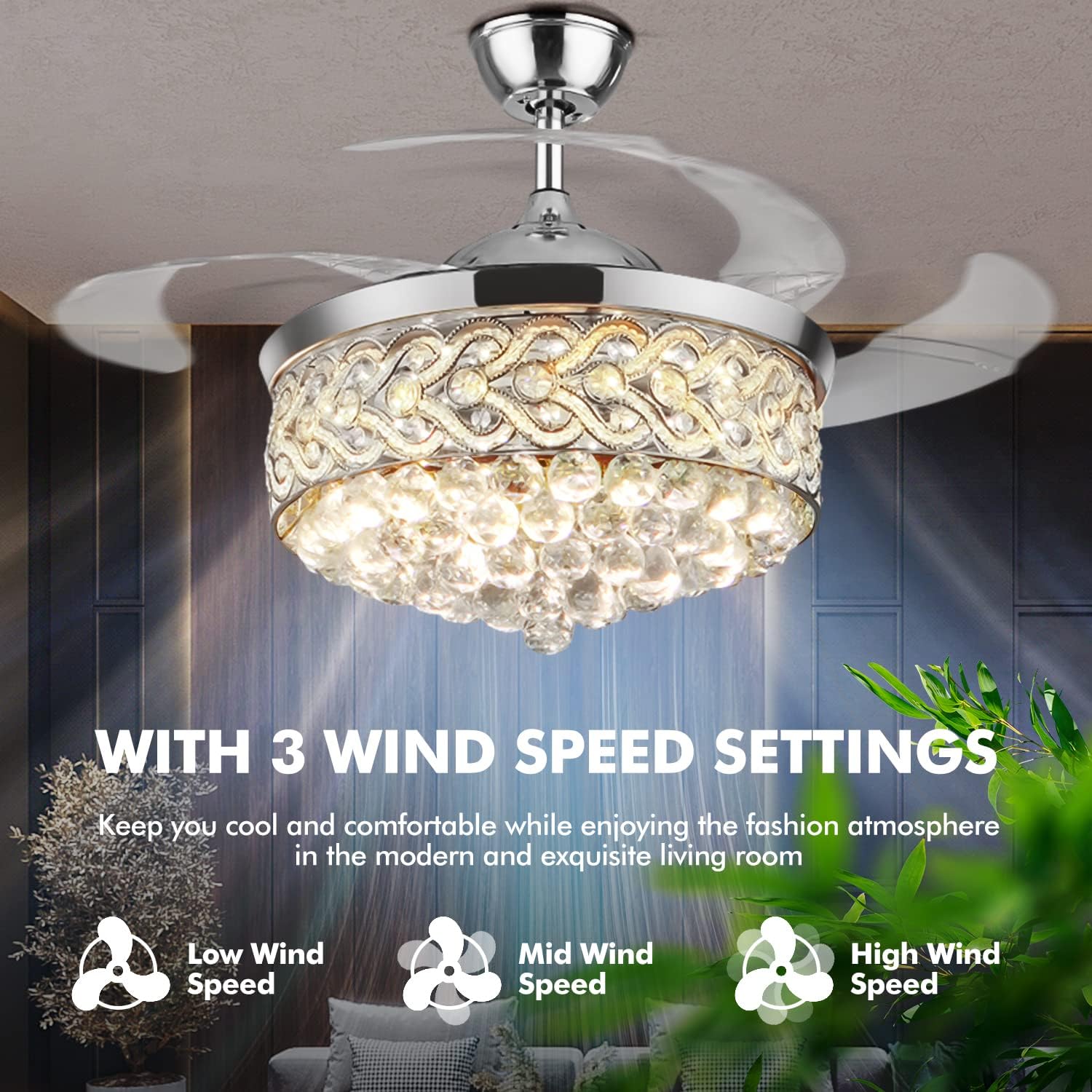 BIGBANBAN 42' Crystal Chandelier Fan with Light Remote Control, Silver Retractable Ceiling Fan 3 Colors LED Light 3 Speeds Modern Smart Fandelier for Dinning Room Bedroom