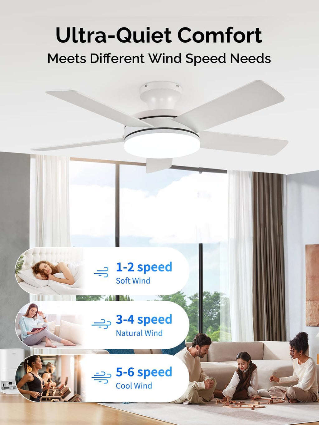 Orison Ceiling Fans with Lights, 45 Inch Low Profile Ceiling Fan with Light and Remote/APP Control, RGB Backlight & LED 3CCT Dimmable, DC Reversible Motor, 6 Speeds, 5 Reversible Blades White
