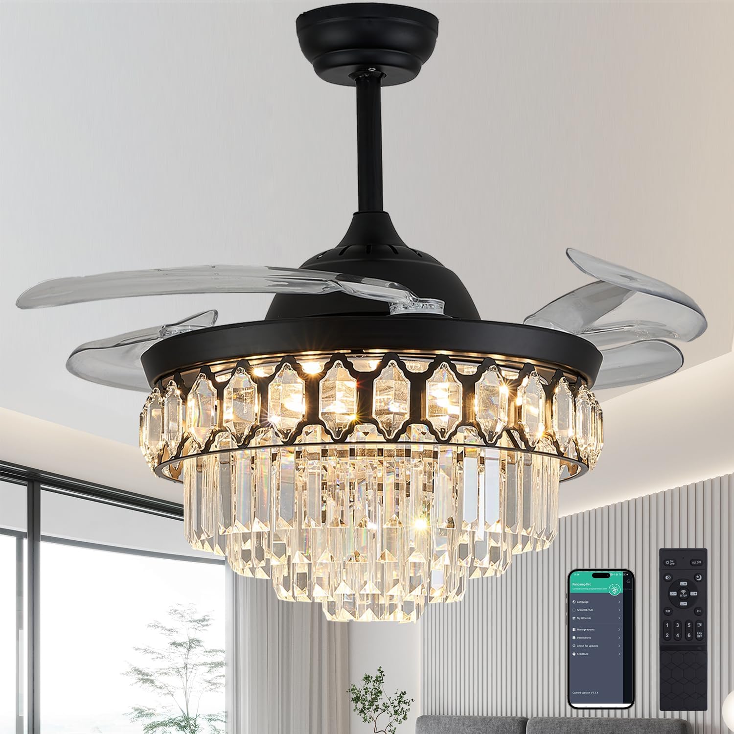 48' Dimmable Black Fandelier Ceiling Fans with Lights and Remote Modern Retractable Blade Crystal Chandelier Ceiling Fan with Light for Bedroom Dinning Room Living Room