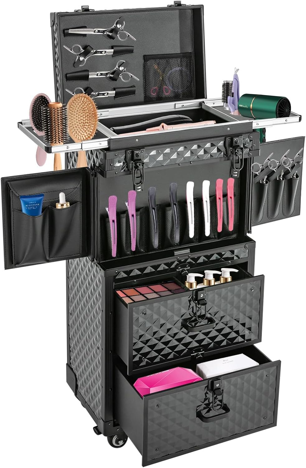 Rolling Makeup Train Case, Aluminum Cosmetic Organizer Box Rolling Lockable Makeup Case with 4 Universal Wheels Large Professional Cosmetology Case Multi-Functional Cosmetic Train Case Black