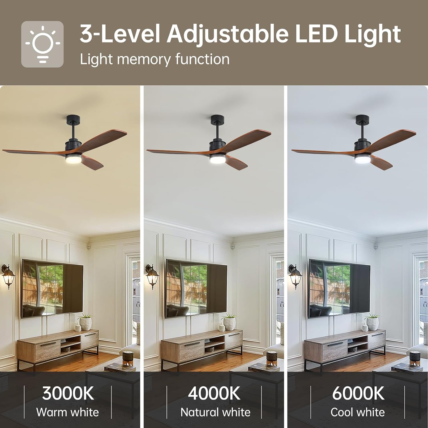Sofucor 60 inch Ceiling Fan with Lights and Remote, Modern Large LED Wood Ceiling Fan for Indoor Living Room Bedroom Outdoor Patio Porch, Reversible DC Motor