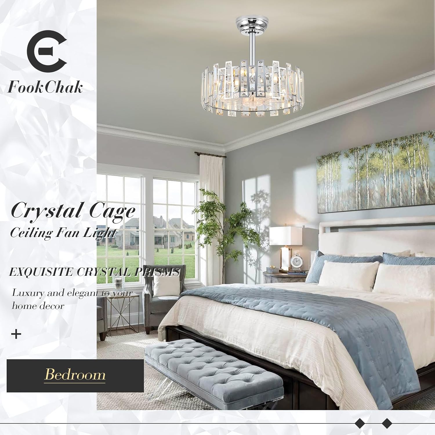 Modern Chrome Caged Ceiling Fan with Light for Bedroom Crystal Ceiling Light Fixture with Fan Bladeless Crystal Chandelier with Fan 18' Fandelier for Kitchen Hallway Dining Room