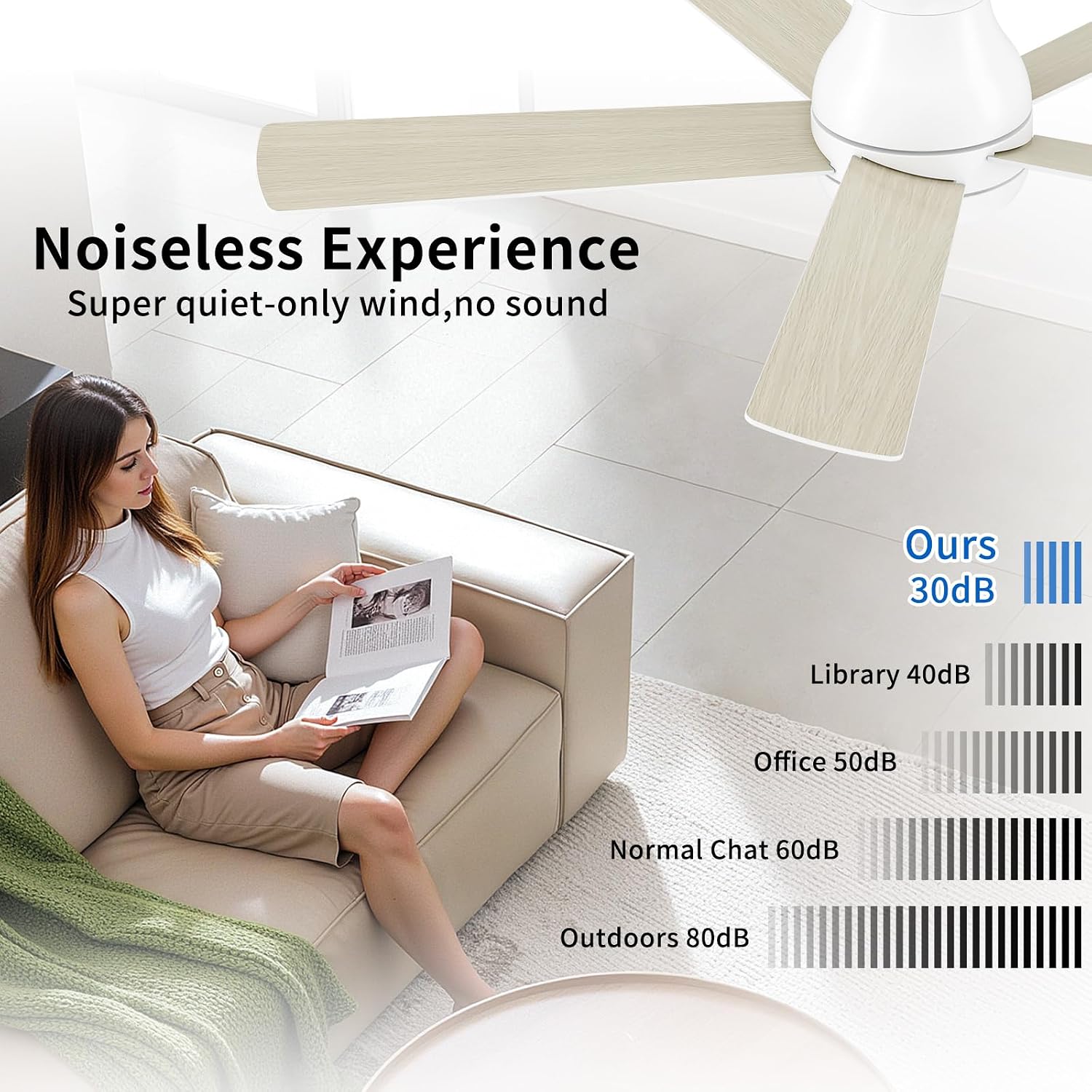 POCHFAN 52 Inch White Ceiling Fans with Lights and Remote,LED Low Profile Flush Mount Ceiling Fan for Bedroom,Living Room, with Quiet DC Motor,Dimmable 6 Speeds
